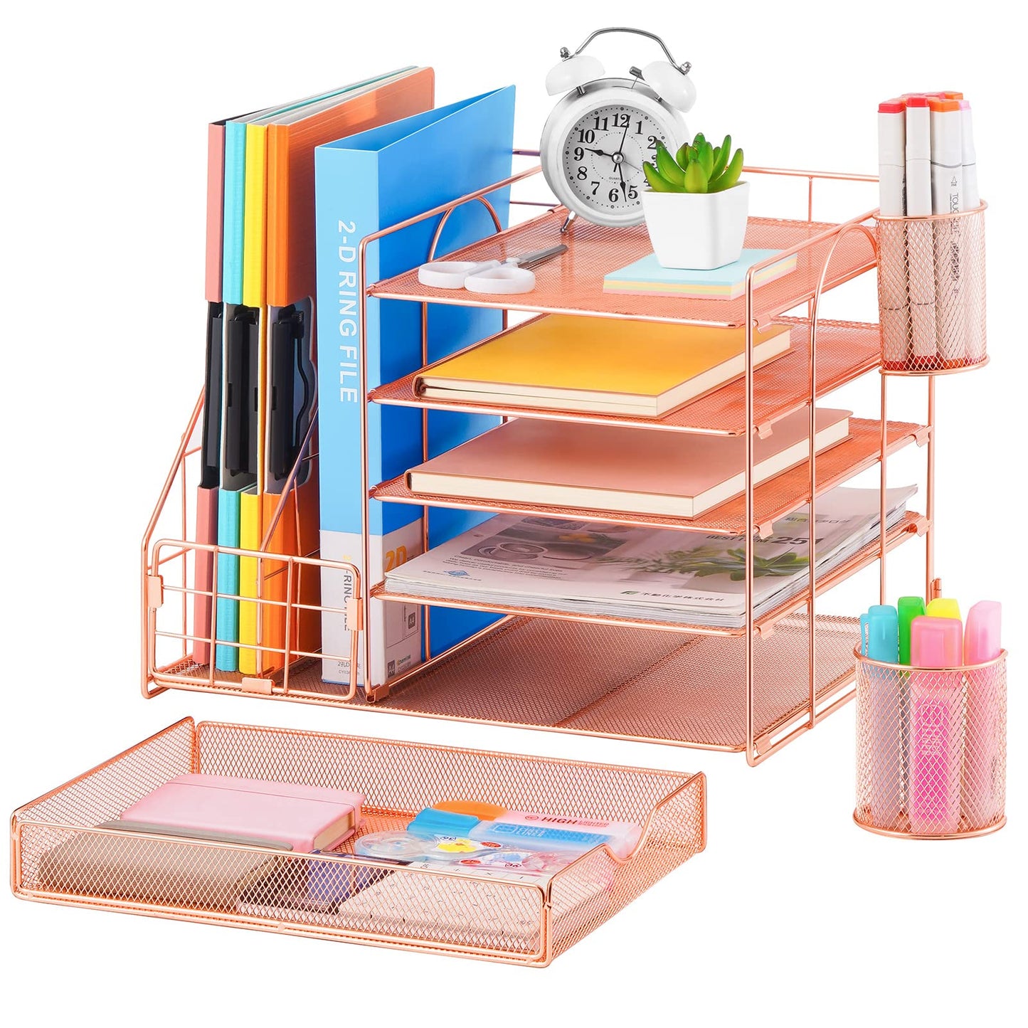 Marbrasse Rose Gold Desk Organizer with File Holder, 5-Tier Paper Letter Tray Organizer and Drawer, Mesh Desktop Storage with Magazine Holder for Office Supplies