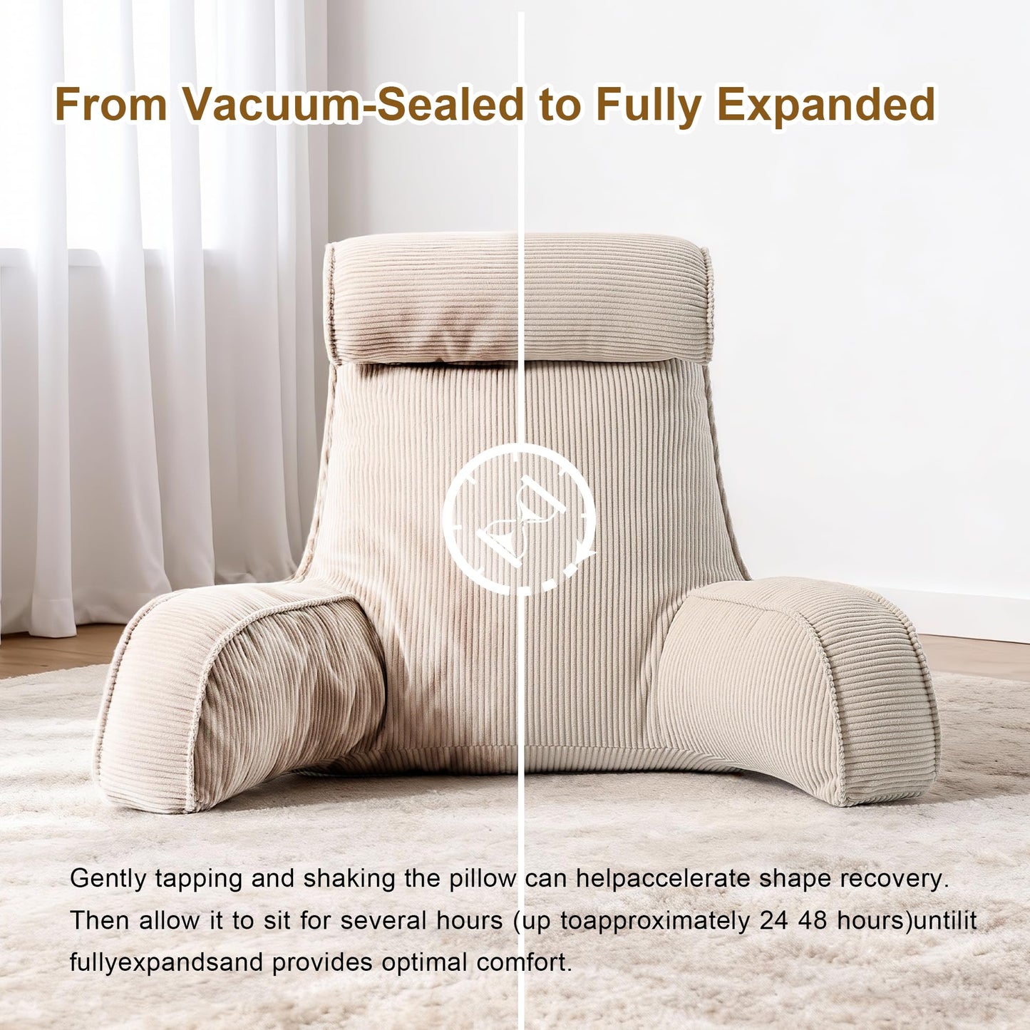 Ailuteie Reading Pillow for Sitting Up in Bed, Corduroy Backrest Pillow with Arms, Side Pocket & Washable Cover, Bed Rest Pillow Back Support for Adults, Beige Gray