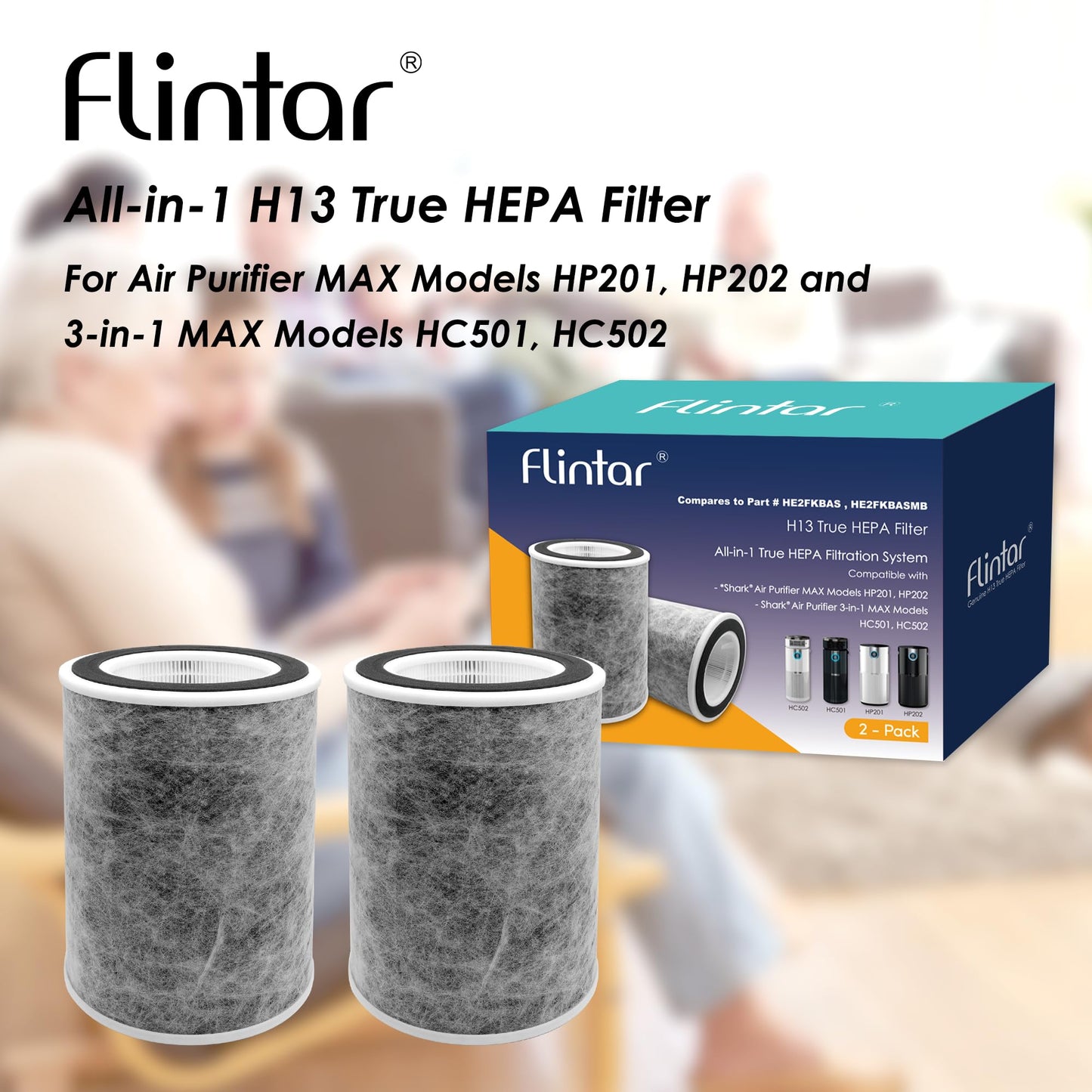 Flintar HP202 Replacement Filter, Compatible with Shark Air Purifier Max Model HP201, HP202, UA205, AP1000, HC501, HC502, Compares to Part # HE2FKBAS and HE2FKBASMB, 2-Pack