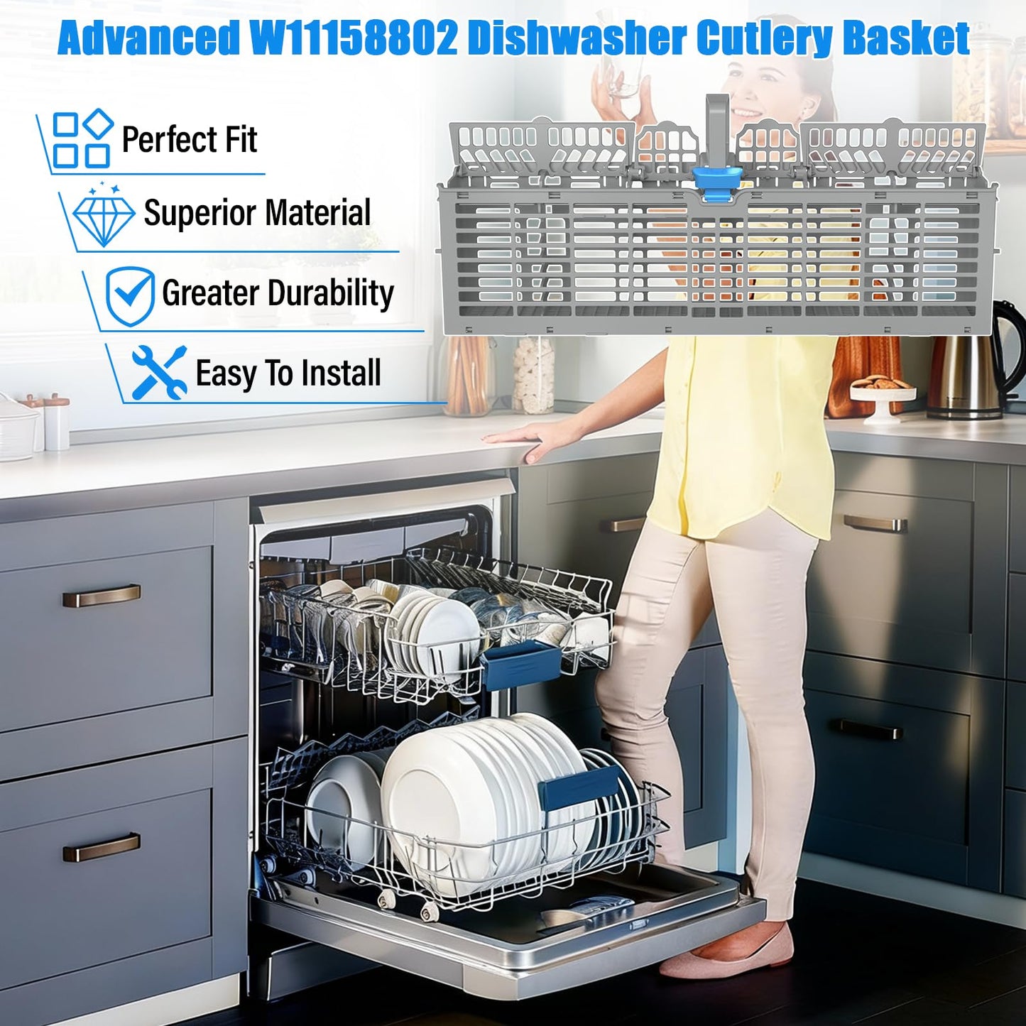 UPGRADED W11158802 Dishwasher Silverware Basket Compatible with Whirlpool Dishwasher Silverware Basket Parts 8535075 Utensil Basket W10360461 W10629541 PS12347808 WDF520PADM0 WDF730PAYM0