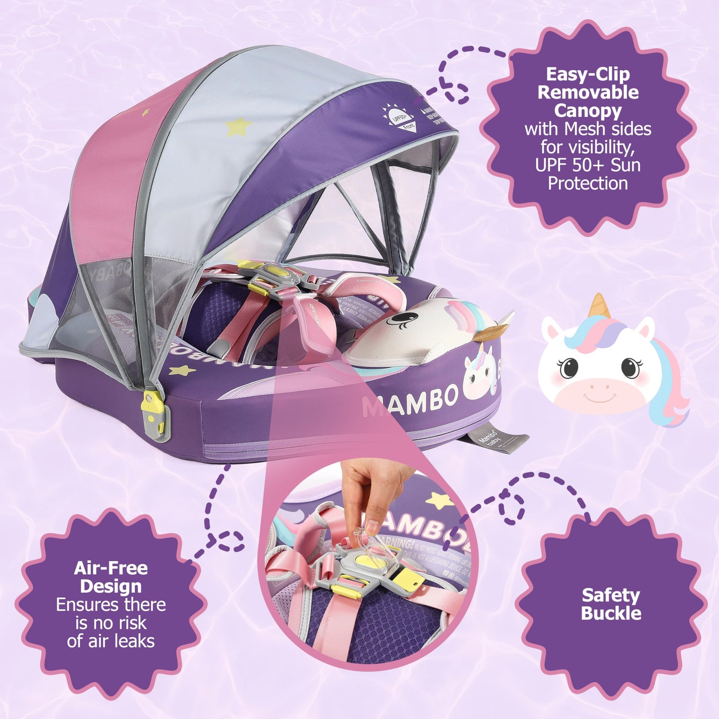 MAMBOBABYFLOAT Sunny Navigator Baby Pool Float with Canopy 2025 — Safe, Comfortable, Adjustable Float w/Sun Protection, Air-Free Foam Technology, 5-Way Buckle System - Unicorn, Pink