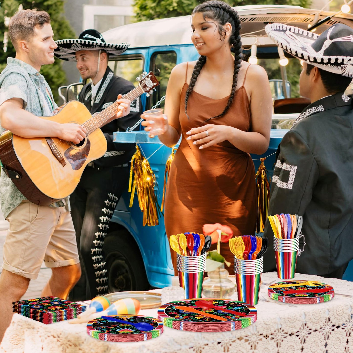 175 Pcs Fiesta Tableware Set – Serves 25, Mexican Party Supplies Disposable Plates, Cups, Napkins, Forks, Spoons, Knives with Floral and Serape Stripe Design for Cinco de Mayo, Birthday Celebrations