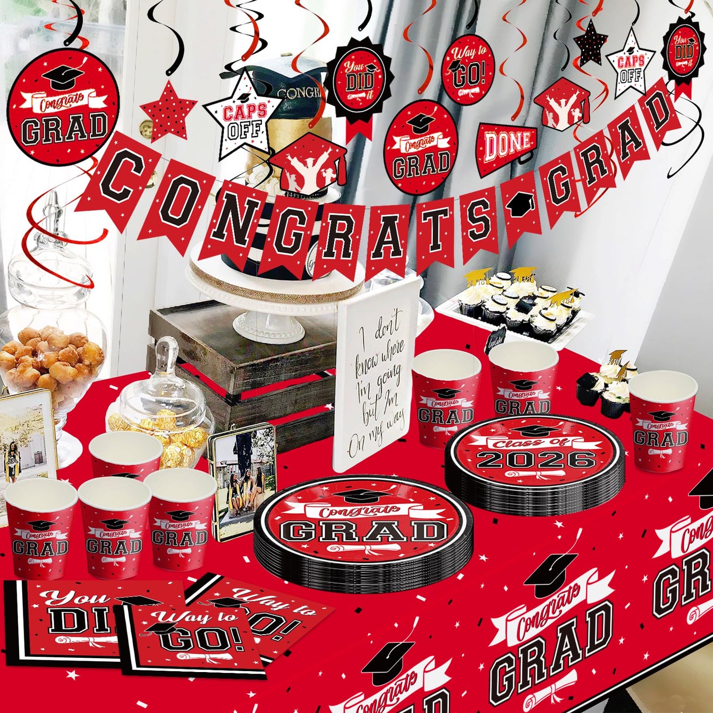DAZONGE Graduation Decorations 2026 Red and Black, 265pcs Disposable Tableware Kit for 50 Guests, Plates, Napkins, Cups, Tablecloth and Hanging 2026 Graduation Party Decorations
