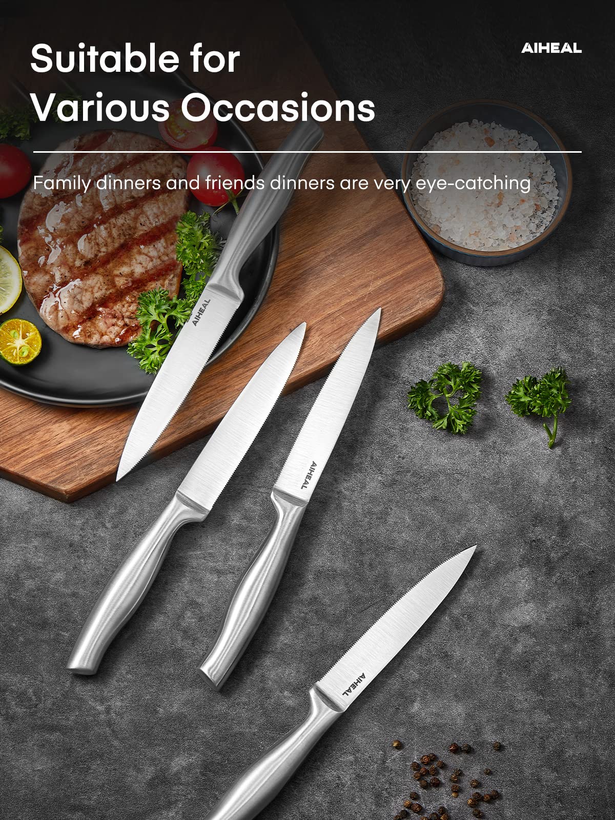 Aiheal Steak Knives, Stainless Steel Steak Knives Set of 12, Never Needs Sharpening Dinner Steak Knife Set, Sharp Micro Serrated Knives