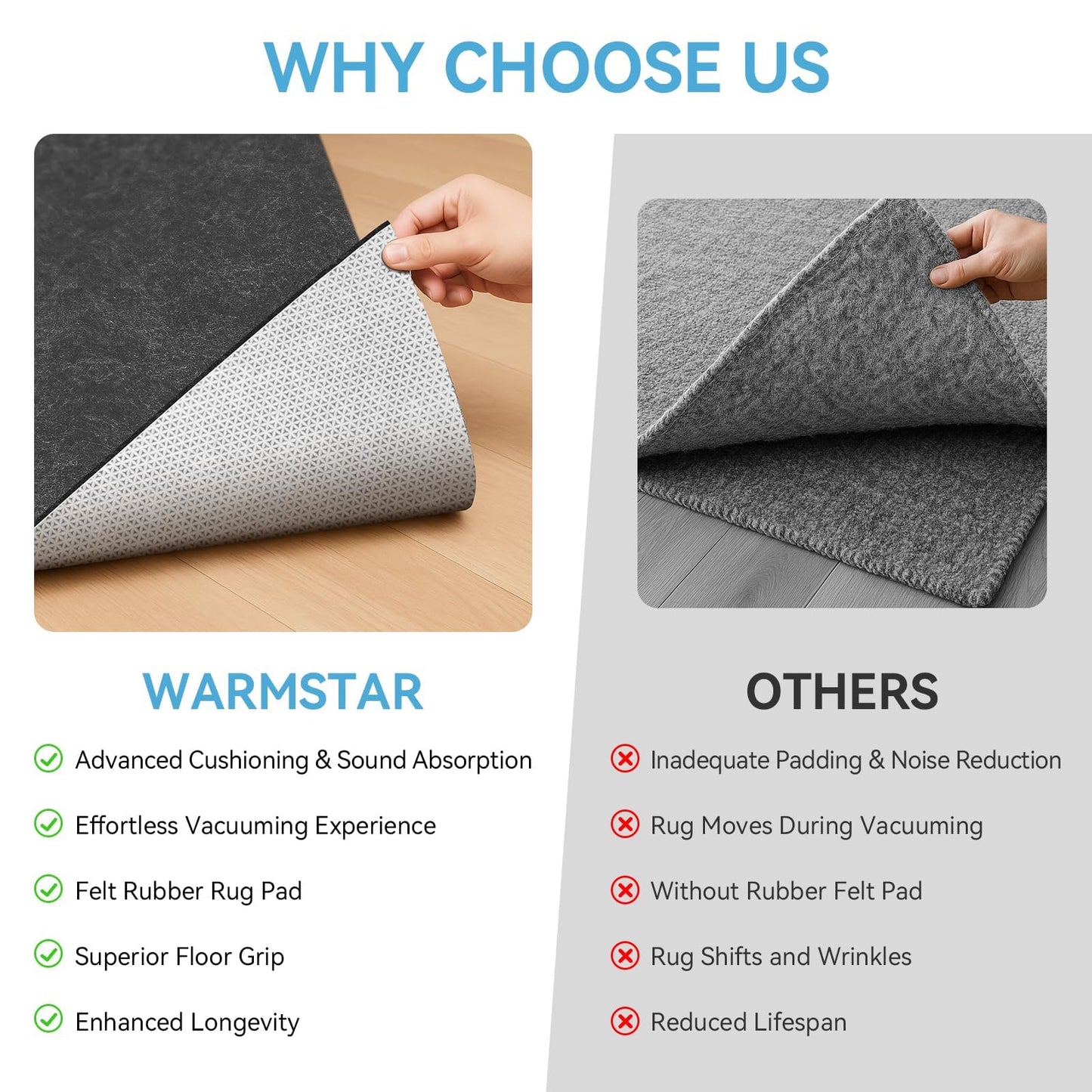 Warmstar 8x10 FT Non Slip Rug Pad,100% Waterproof Felt Rug Pad for Hardwood Floors,1/8” Thick Soft Carpet Pad with Natural Rubber Backing, Secure Grip & Floor Protection