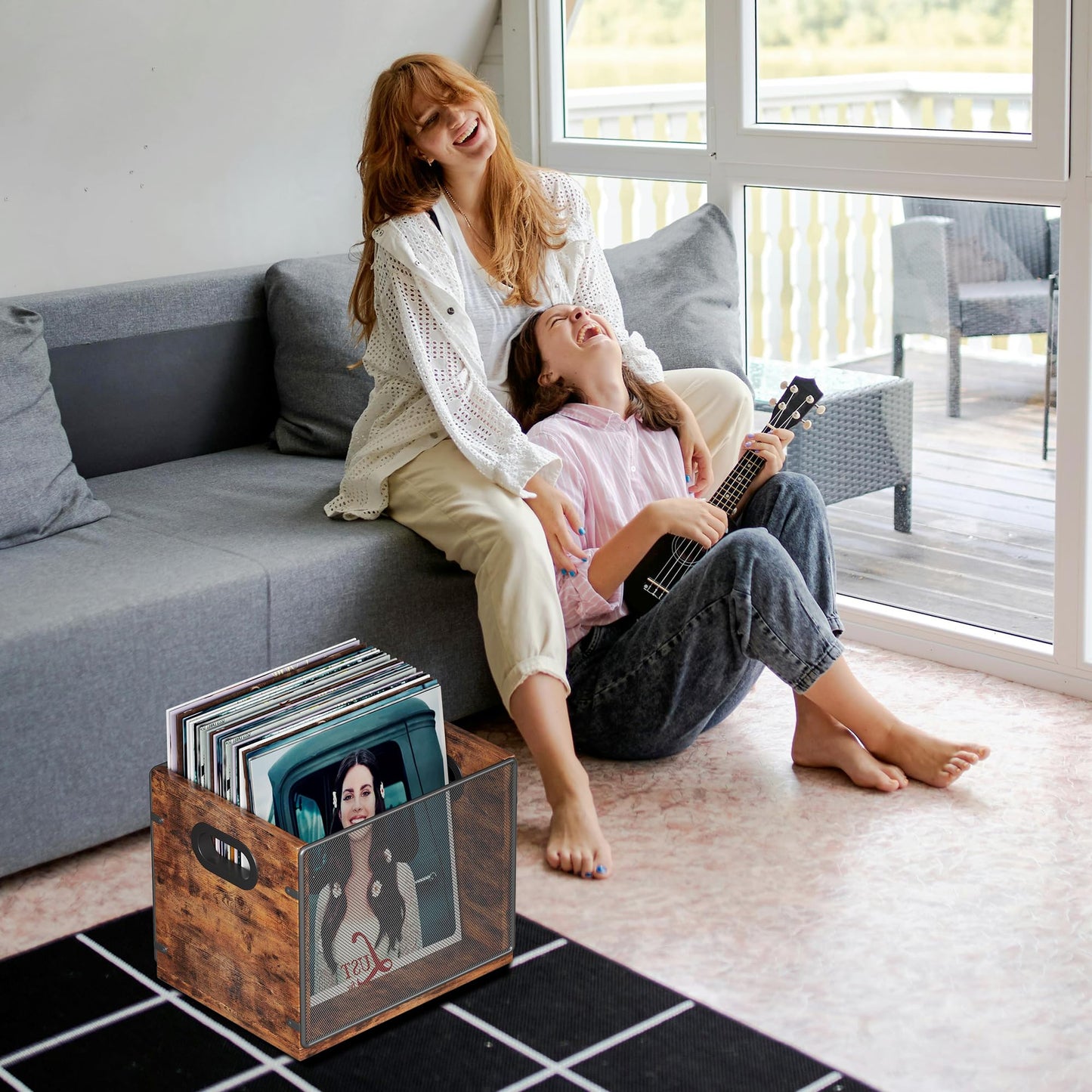 Homeiju Wooden & Metal Record Crate - Vinyl Album Holder & Organizer, Holds Up to 60 Records