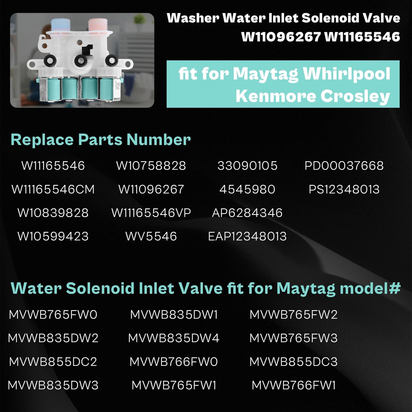 Washer Water Inlet Valve fit for Maytag Bravos XL MCT Commercial MVWB765FW0 MVWB855DC2 MVWB835DW2 MVWB835DW3 MVWB765FW WTW7500GW01 WTW7500GW2 WTW8500DC2 WTW8500DC5 MVWB755DW1 MVWB765FC1 LUXRILIX
