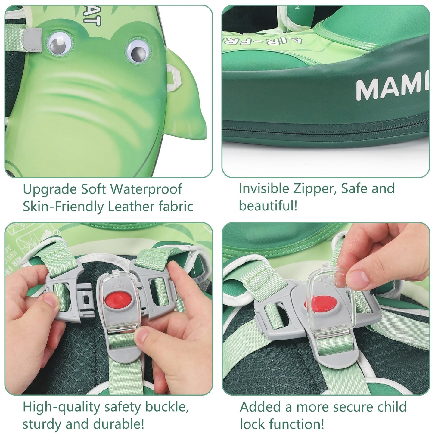 Mambobaby Float Upgrade Add Tail Baby Float with Canopy for Infant Waist Swimming Ring Swim Trainer Non-Inflatable Floats Toys with Adjustable Safety Strap (Green - Crocodiles)