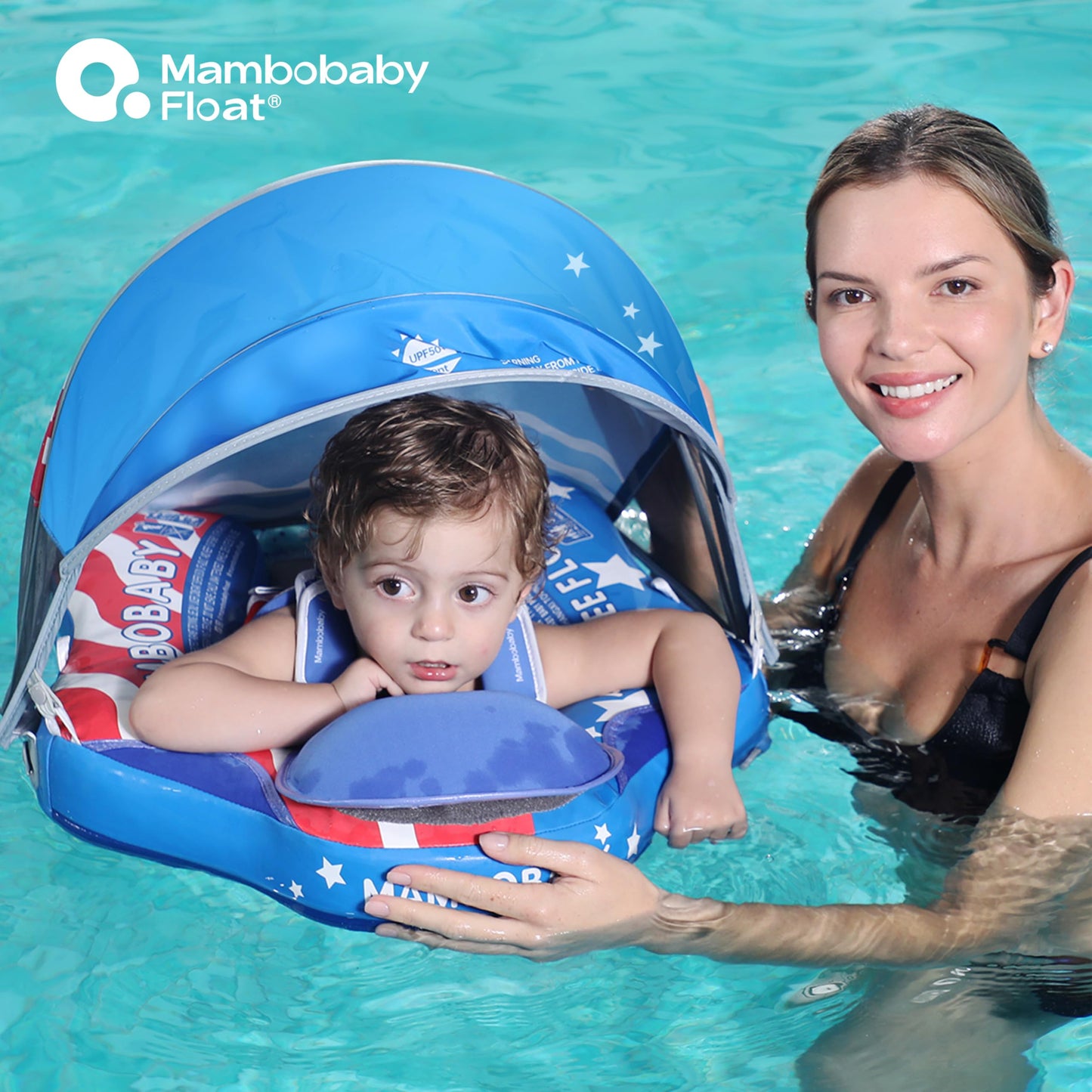 MAMBOBABYFLOAT Sunny Navigator Baby Pool Float with Canopy 2025 — Safe, Comfortable, Adjustable American Flag Pool Float w/Sun Protection, Air-Free Foam Technology, 5-Way Buckle System