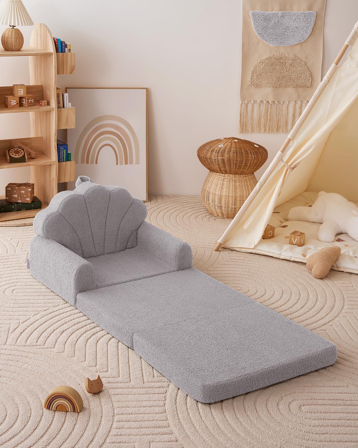 Blissful Diary Foldable Toddler Couch, 2-in-1 Comfy Toddler Chair & Lounger for Reading, Nap, Playroom, Kids Couch Sofa for 1 2 3+ Year Old Girls Boys Baby Birthday Gift, Gray Shell