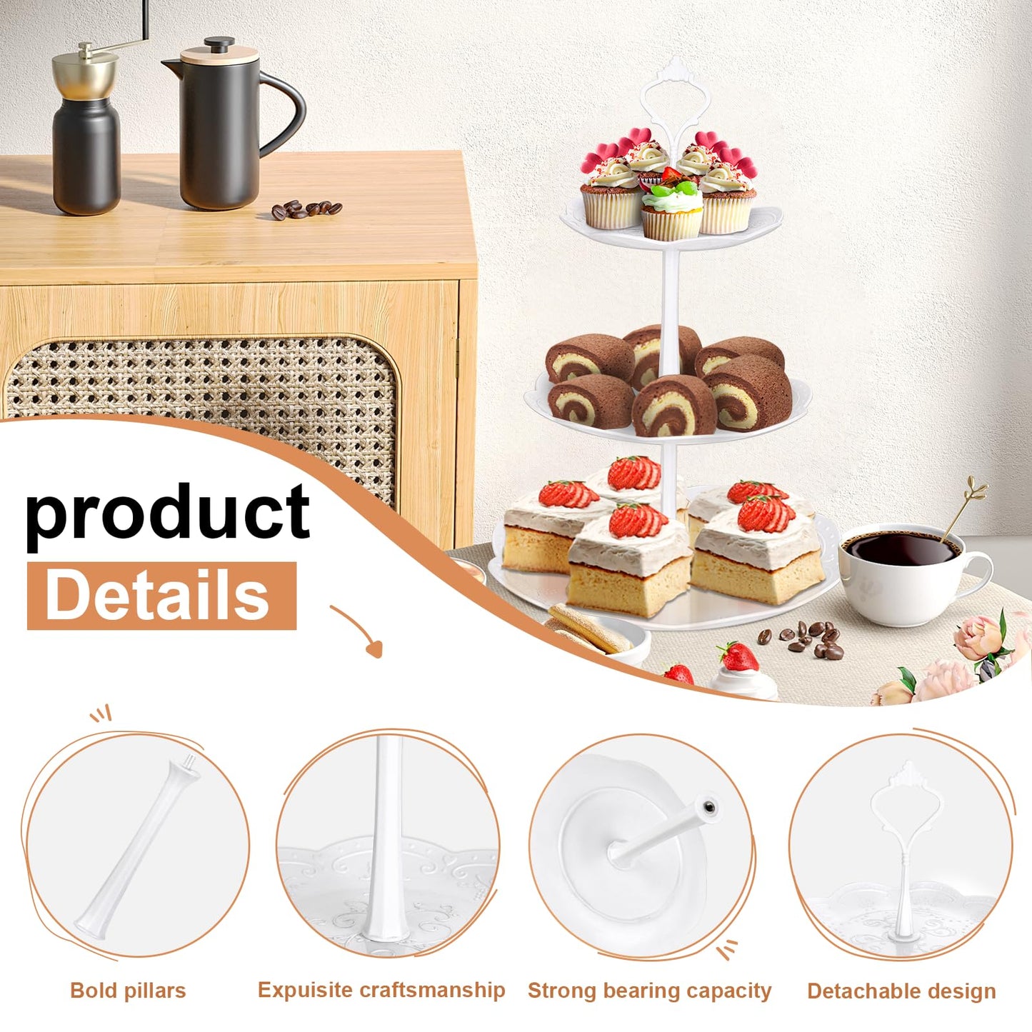 10 Pcs Cake Stand White Plastic Dessert Table Display Set 4 Pcs 3 Tired Cupcake Stand Cookie Tray Rack Serving Tray Cake Display Tower and 6 Pcs Dessert Trays for Wedding Baby Shower Tea Party