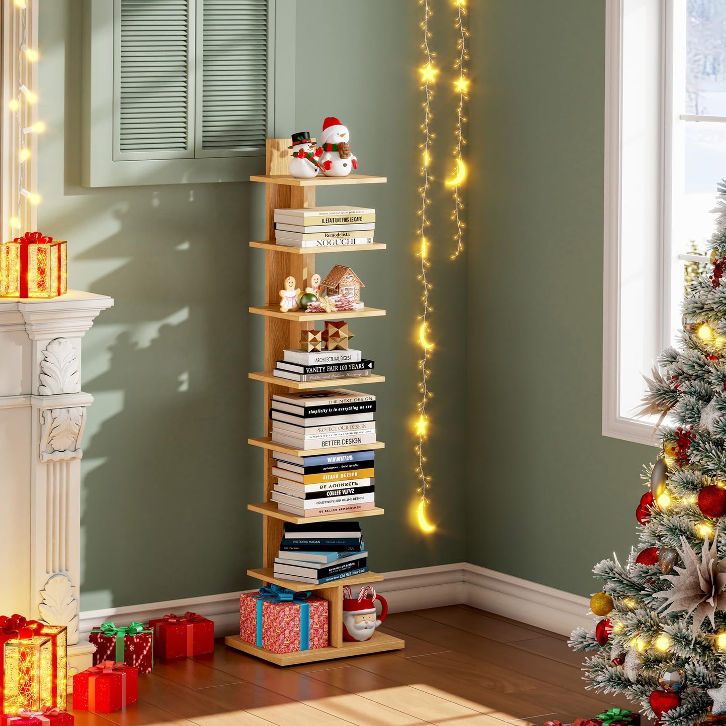 TUTOTAK Narrow Bookshelf, 8-Tier Bookcase, Spine Book Shelf for Small Space, Corner Standing Shelf for Living Room, Office, Study, Entryway, Natural BS06BN008
