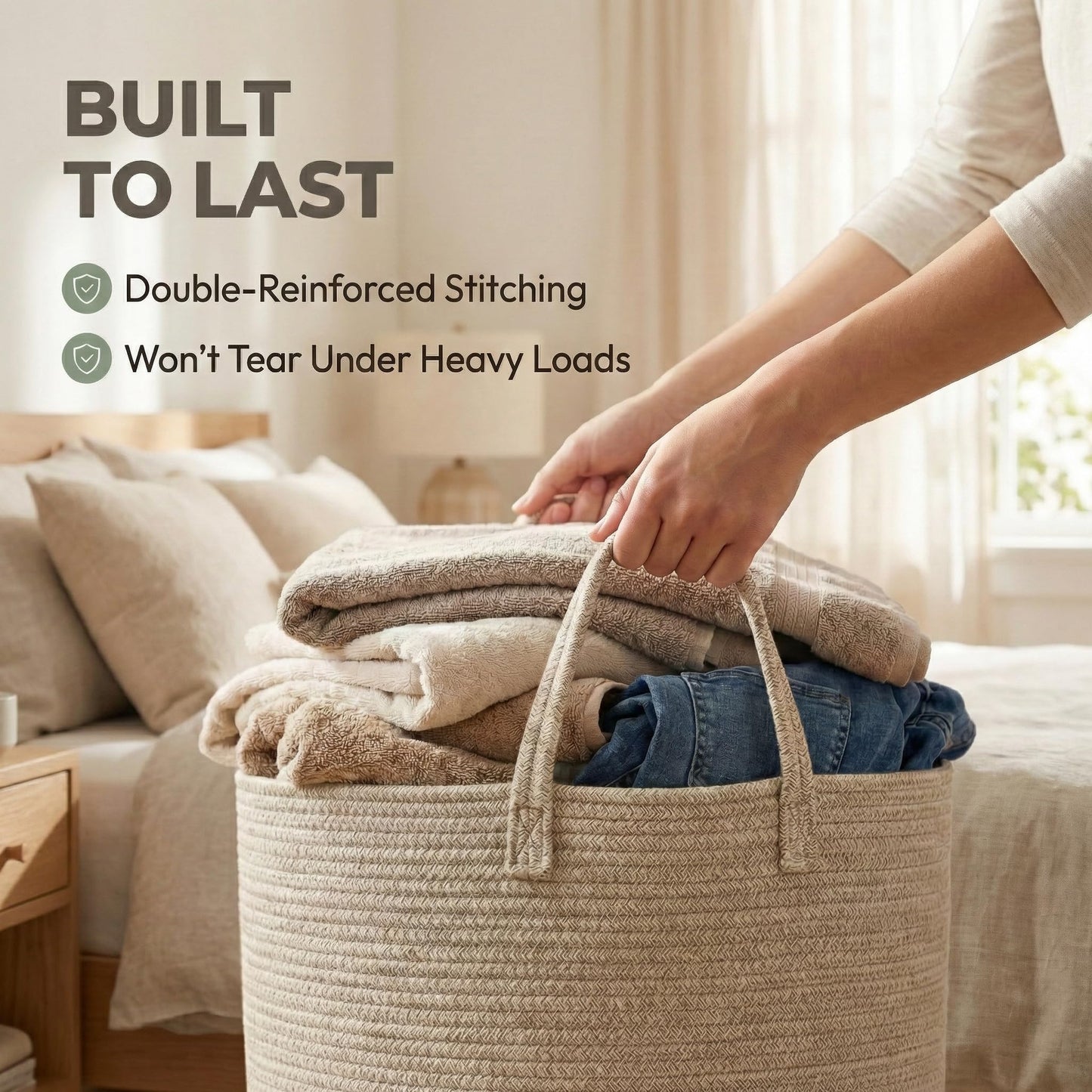 JMvicyroam 115L Extra Large Blanket Basket for Living Room - Woven Cotton Rope Laundry Hamper with Reinforced Handles - Storage Bin for Pillows, Comforters & Toys - Machine Washable,Oatmeal