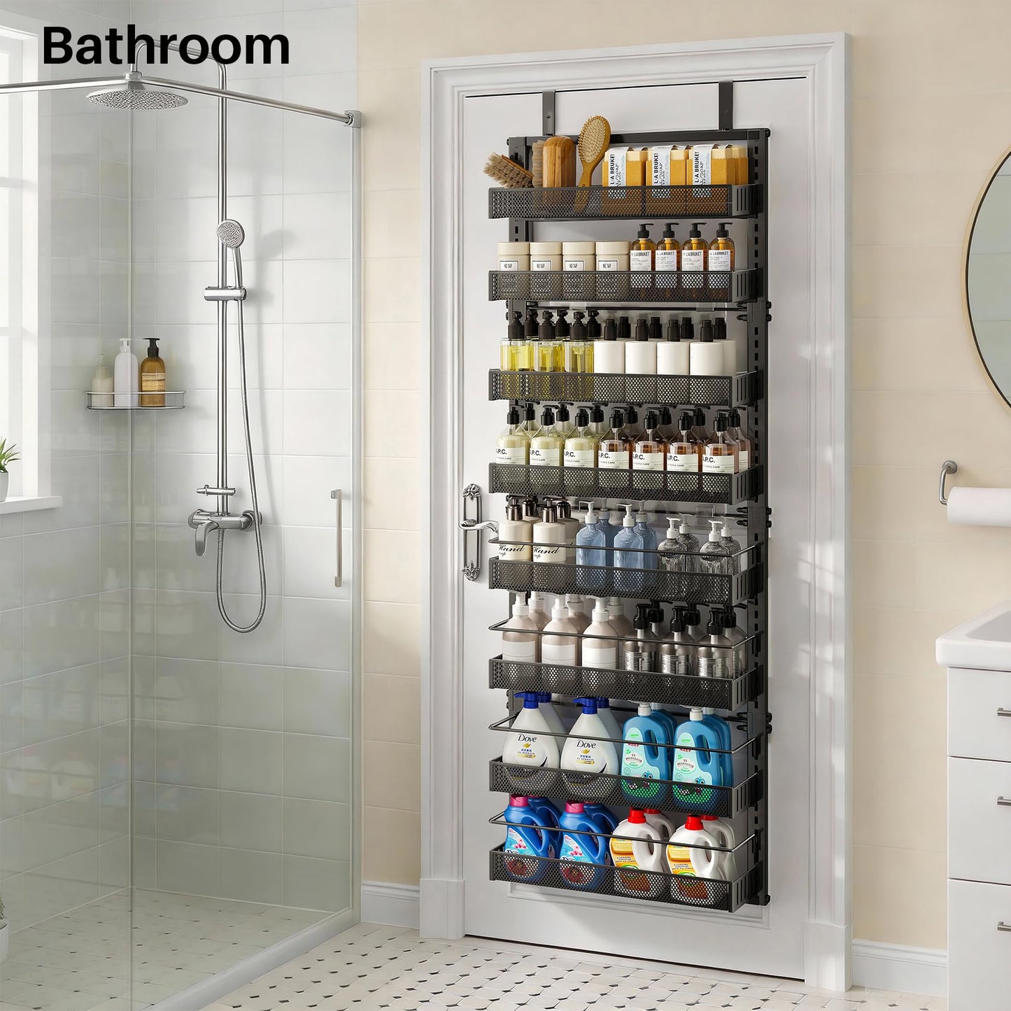 SNTD 8 Tiers Over the Door Organizer - Height Adjustable Pantry Organizers and Storage with Dense Mesh Baskets, Anti-Swing Hanging Door Spice Rack for Kitchen Bathroom (Black, 17" W x 6" D x 69" H)