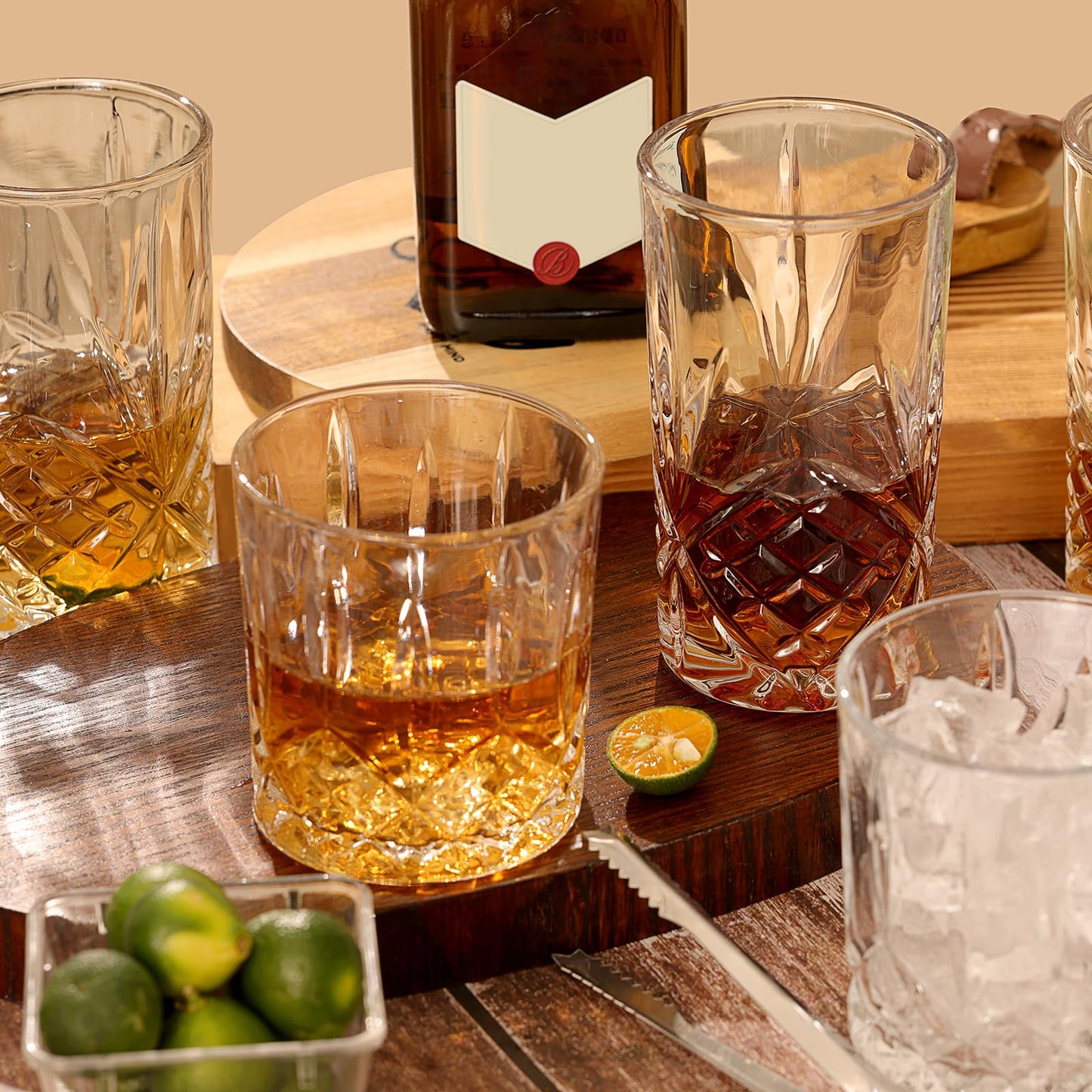 Moretoes Crystal Whisky Drinking Glasses Set of 12, Glass Cups, Mixed Glassware Set, 12 Oz Highball Glasses & 11 Oz Old Fashioned Glasses, Great for Cocktail and Other Beverages