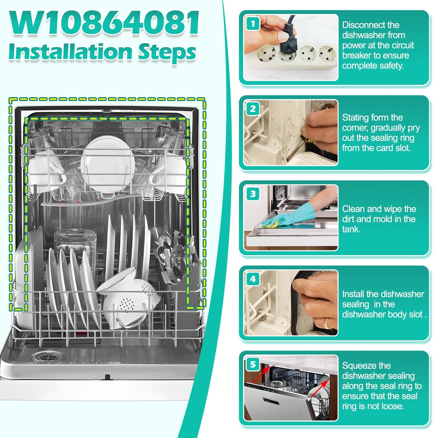 Upgraded W10864081 Dishwasher Door Gasket for Whirlpool Dishwasher Models WDTA50SAHZ0,KDFE104DSS3, KDFE204ESS1 W10179427, W10835073 Dishwasher Cabinet Seal for Kenmore Kitchen Aid Dishwasher