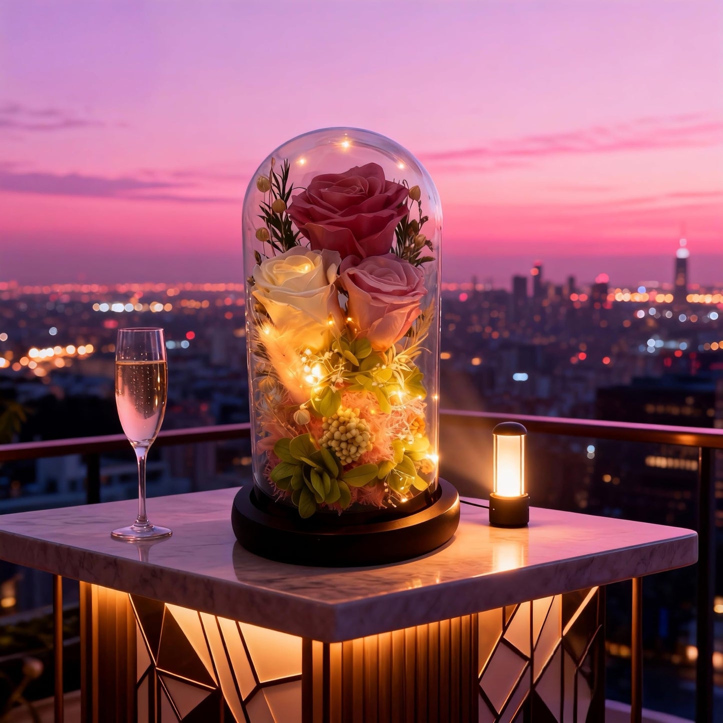 HipTree Preserved Pink Rose in Glass Dome with LED Lights - Forever Eternal Real Rose Gifts for Women, Valentines Day Mothers Day Birthday Christmas Gift Wedding Anniversary for Mom Wife Girlfriend