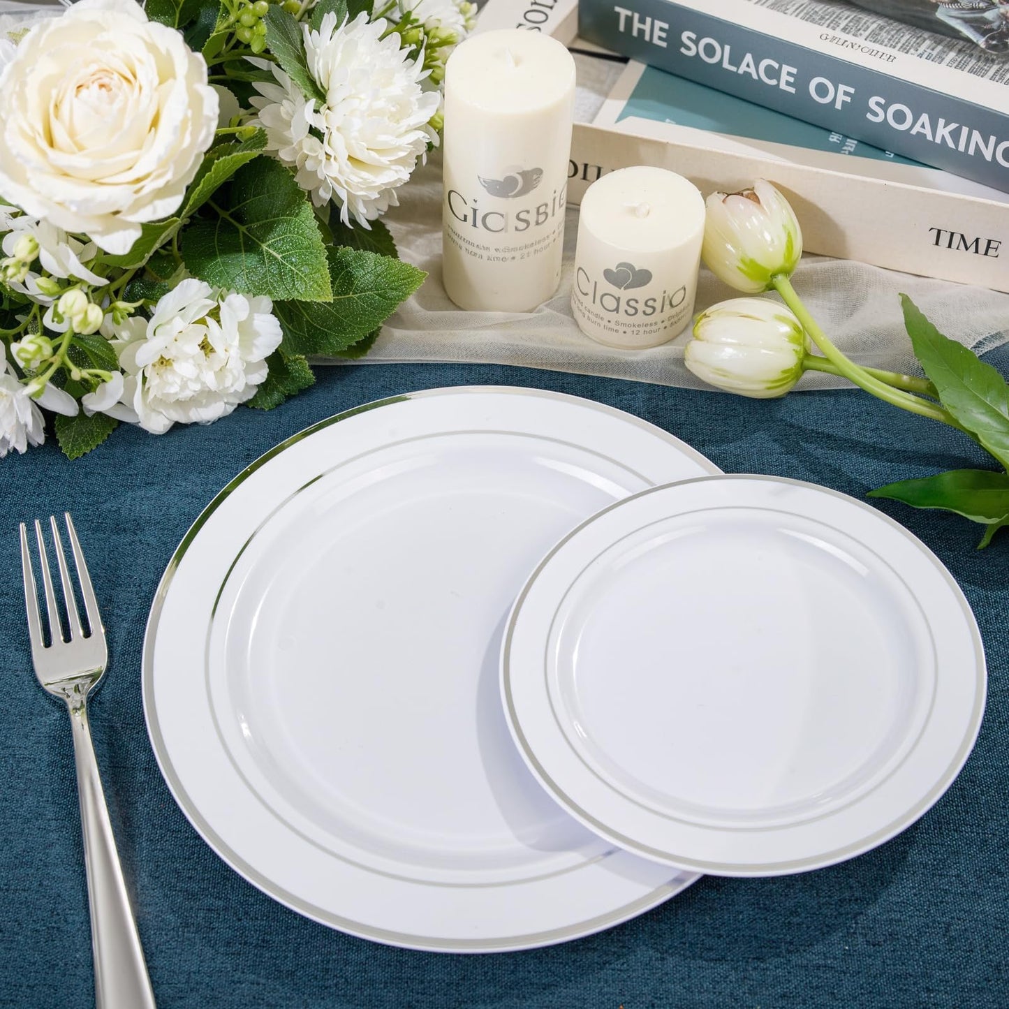 NOCCUR 200PCS Silver Plastic Plates Disposable for 100 Guests - Include 100 Dinner / 100 Dessert Plates Heavy Duty - Ideal for Party/Wedding/New Year