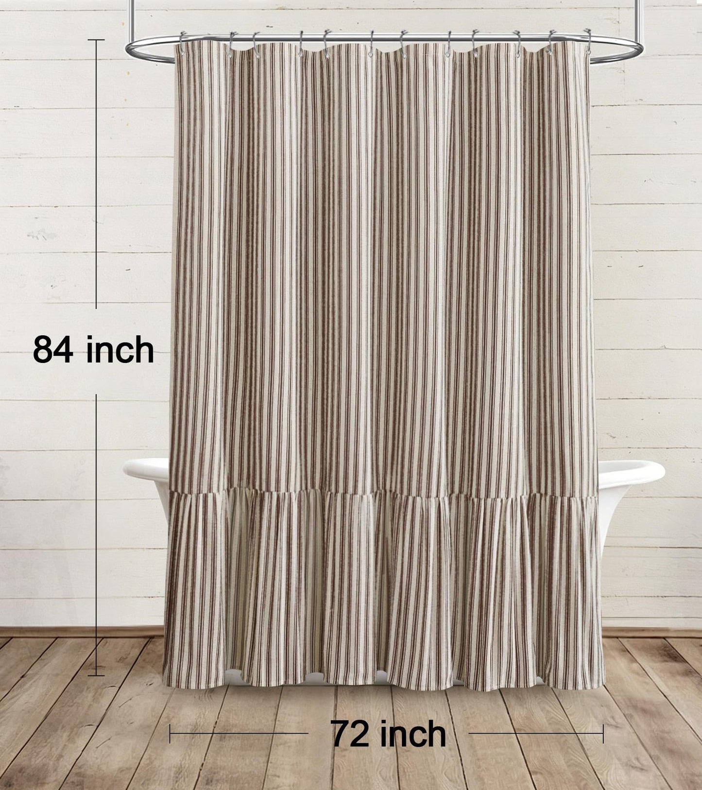 XOGUIBO Farmhouse Shower Curtain with Ruffle Hem Linen Shower Curtains for Bathroom Country Vintage Rustic Natural Fabric, Cream-Brown Stripe 72" W x 84" L