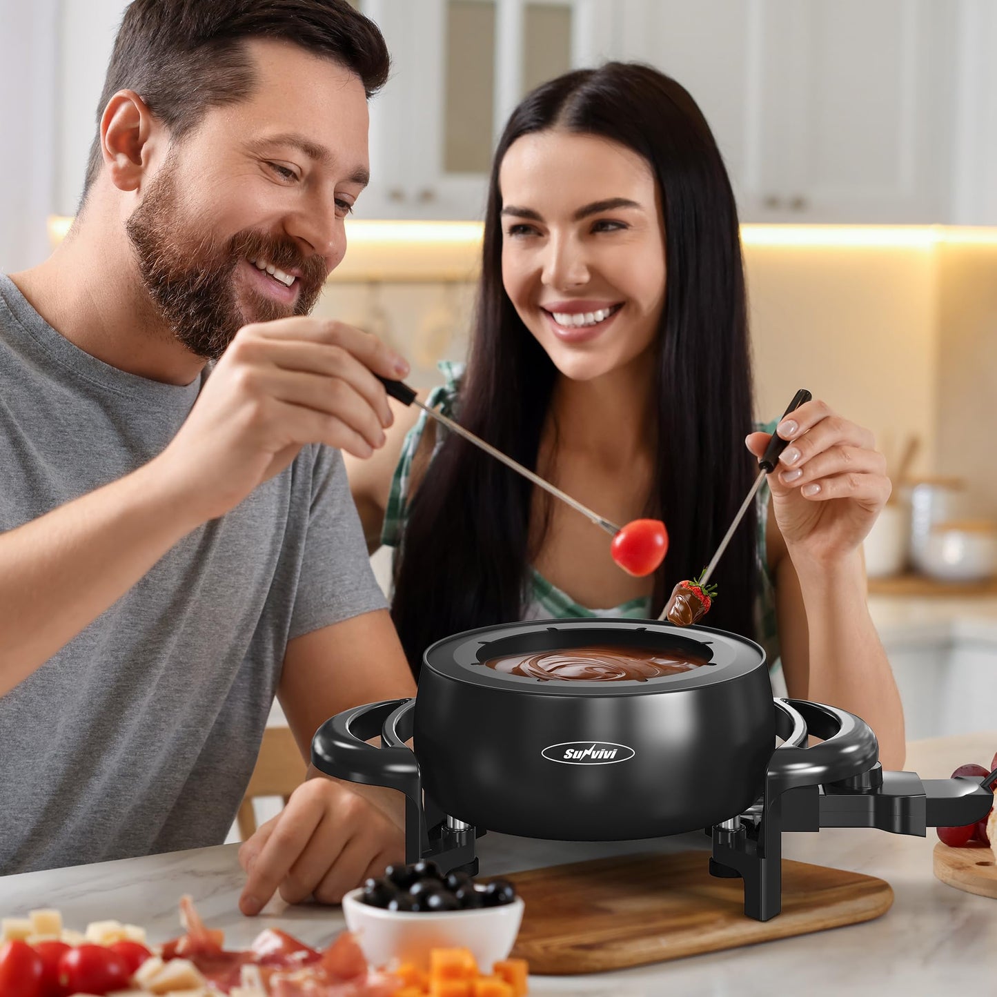 Sunvivi 3 Quart Electric Fondue Pot Set for Melting Chocolate Cheese with Adjustable Temperature Control and 8 Color-Coded Forks, 1000W Non-Stick Fondue Maker for Dessert, Oil and Broth