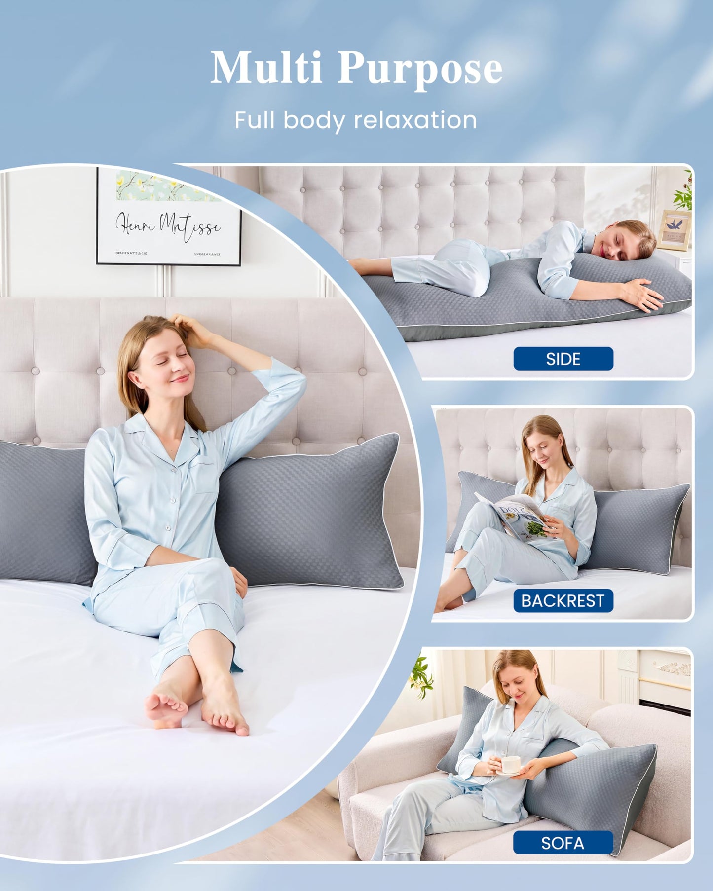 YZ HOME Cooling Body Pillow for Adults- Pillow Insert with Shredded Blue Memory Foam, Soft Support for Side Sleepper, Pregnant Women, Back Pain Relief, Washable Pillowcase (20x54 Inch, Grey)
