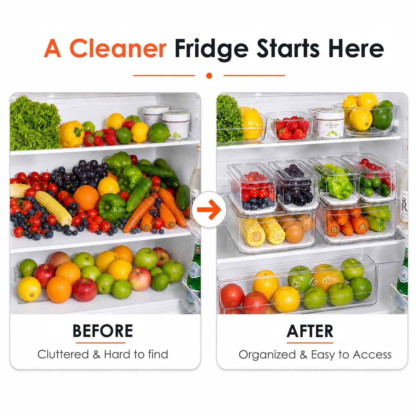 SMRCAD Fridge Organizers and Storage, 6 Pack Clear Freezer Organizer Bins with Lids for Kitchen, Pantry, Refrigerator, Food, Fruit, Vegetable Storage