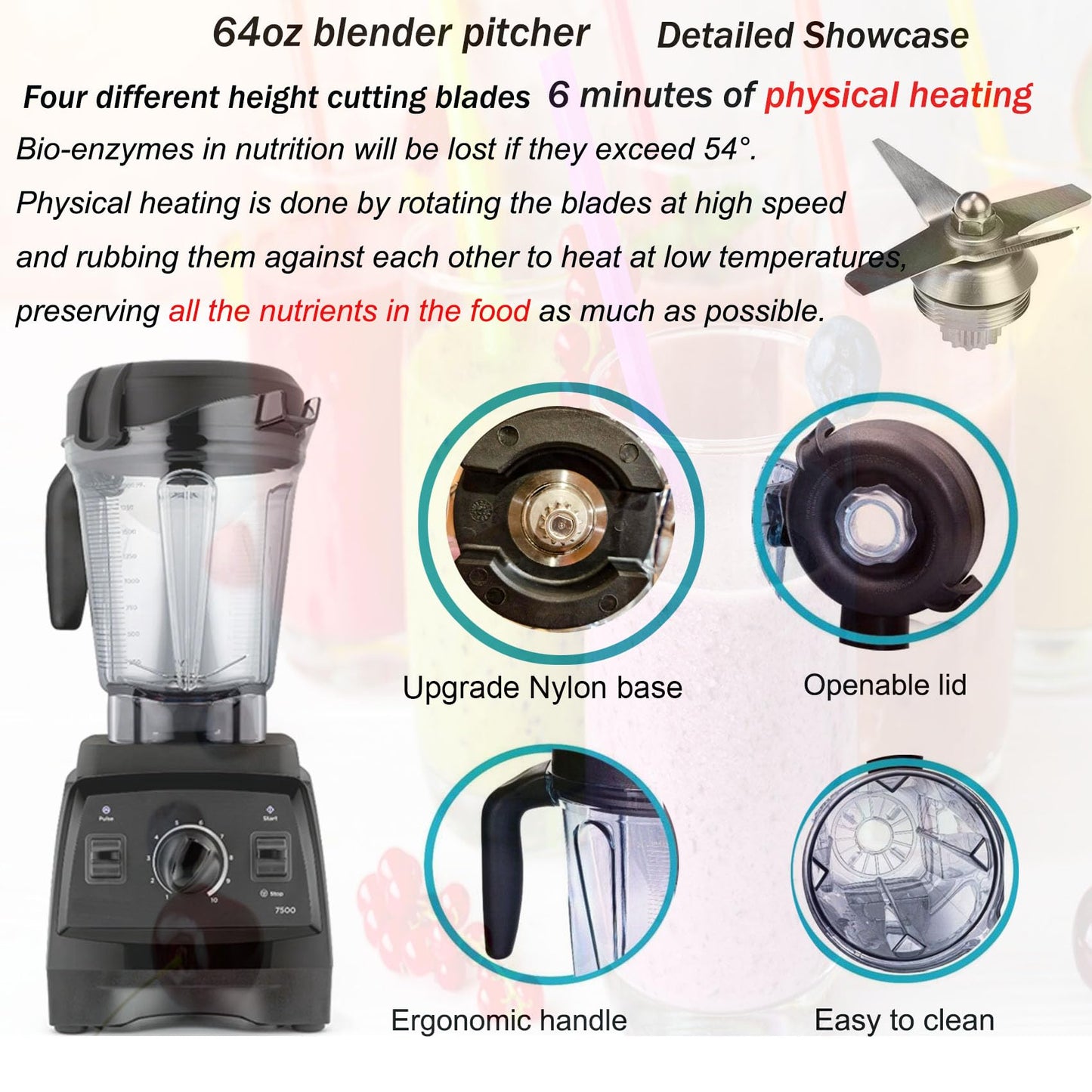 Blender Pitcher 64oz Low-Profile,Compatible with Vitamix 780 75-0 7500 5000 5200 Vm0102 Vm0103Vm0197 E310 Professional/Commercial/Classic Series etc Blender,Blender Container Jar Cup,10 Years Warranty