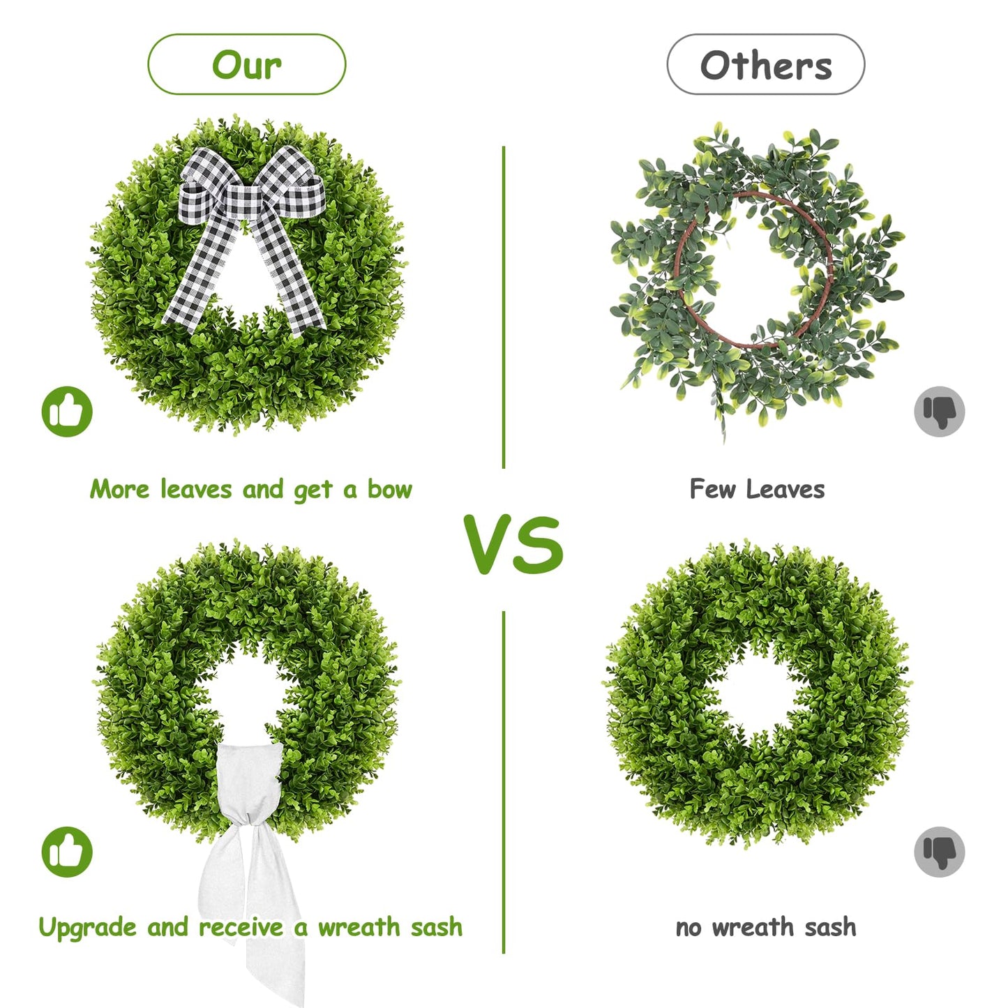 Vlorart 20" Boxwood Wreath for Front Door with Sash & Plaid Bow, Full Lush Artificial Greenery Wreath for Spring Summer Farmhouse Wall, Window & Wedding Decor