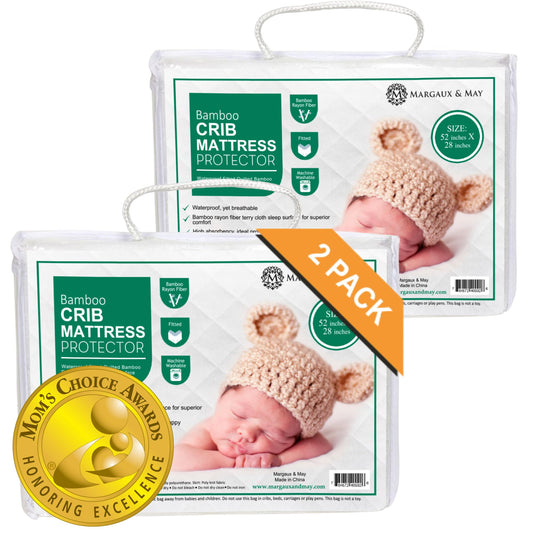 Margaux & May Crib Mattress Protector Pad 2 Pack - Ultra-Soft Waterproof Breathable Premium Bamboo Rayon - Noiseless Fitted Dryer Safe Cover for Crib. High Absorbency Oeko-TEX Certified