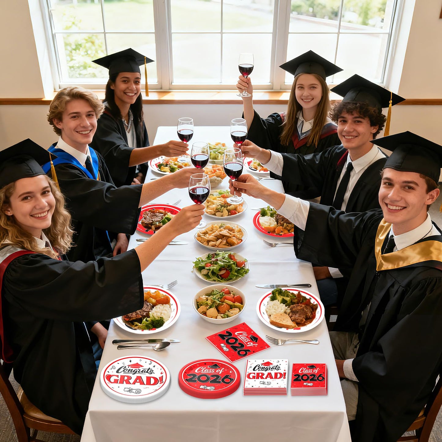 BAIVV Graduation Decorations 2026, 200 Pcs Class of 2026 Graduation Party Supplies Kit with Paper Plates, Luncheon and Cocktail Napkins, Congrats Grad Decorations for 50 Guests (Red)