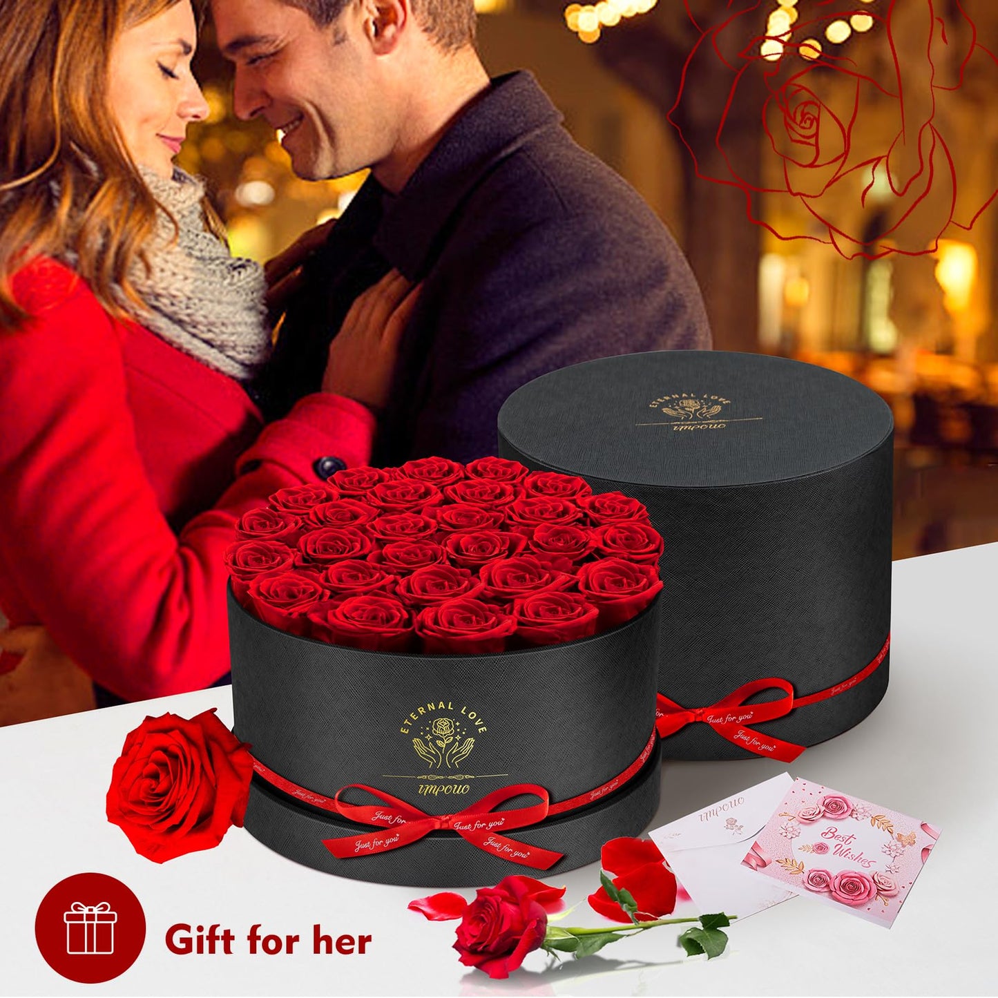 Impouo Forever Flowers, 27 Roses in A Box, Real Preserved Roses, Birthday Gift for Women, Mother's Day, Anniversary, Red Rose