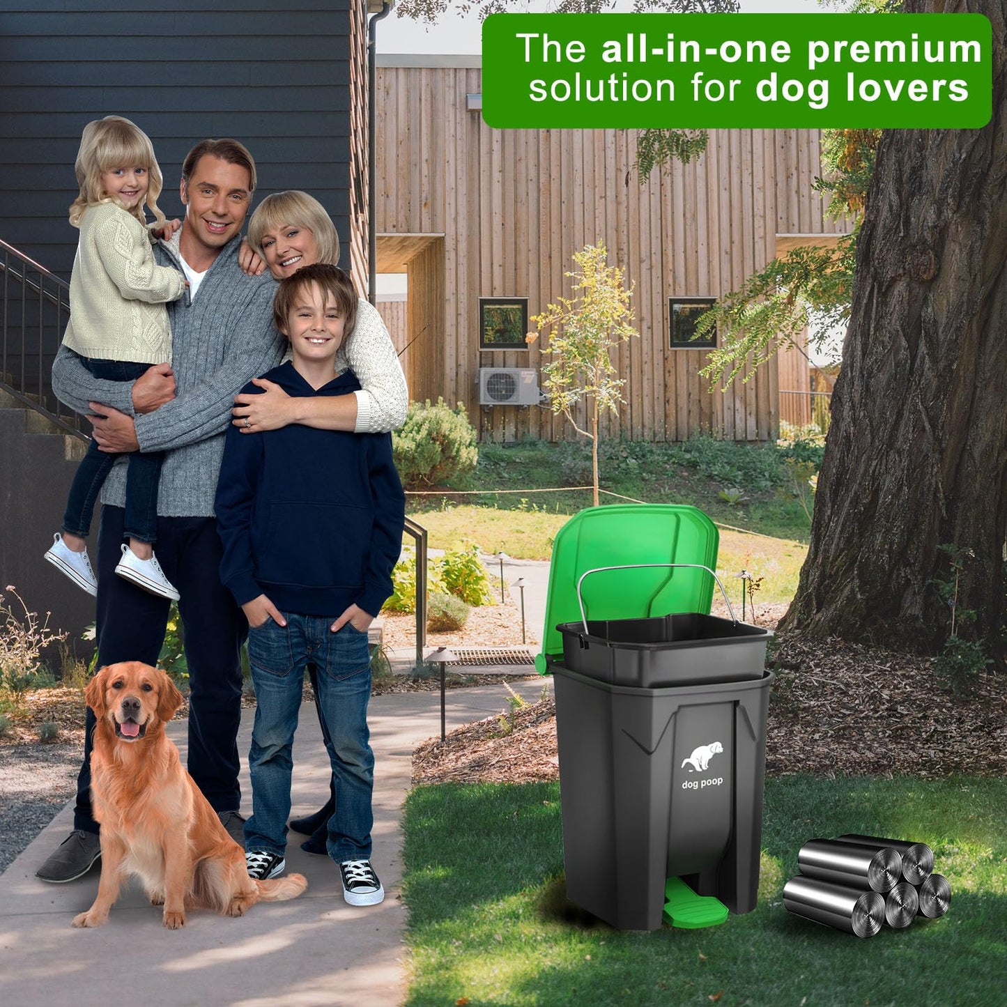 Uppcasir Dog Poop Trash Can Outside, 20L/5Gallon Dog Waste Trash Can with Lid, Pedal and Removable Inner Waste Bin, Pet Poop Bucket with 100 Bags, Green