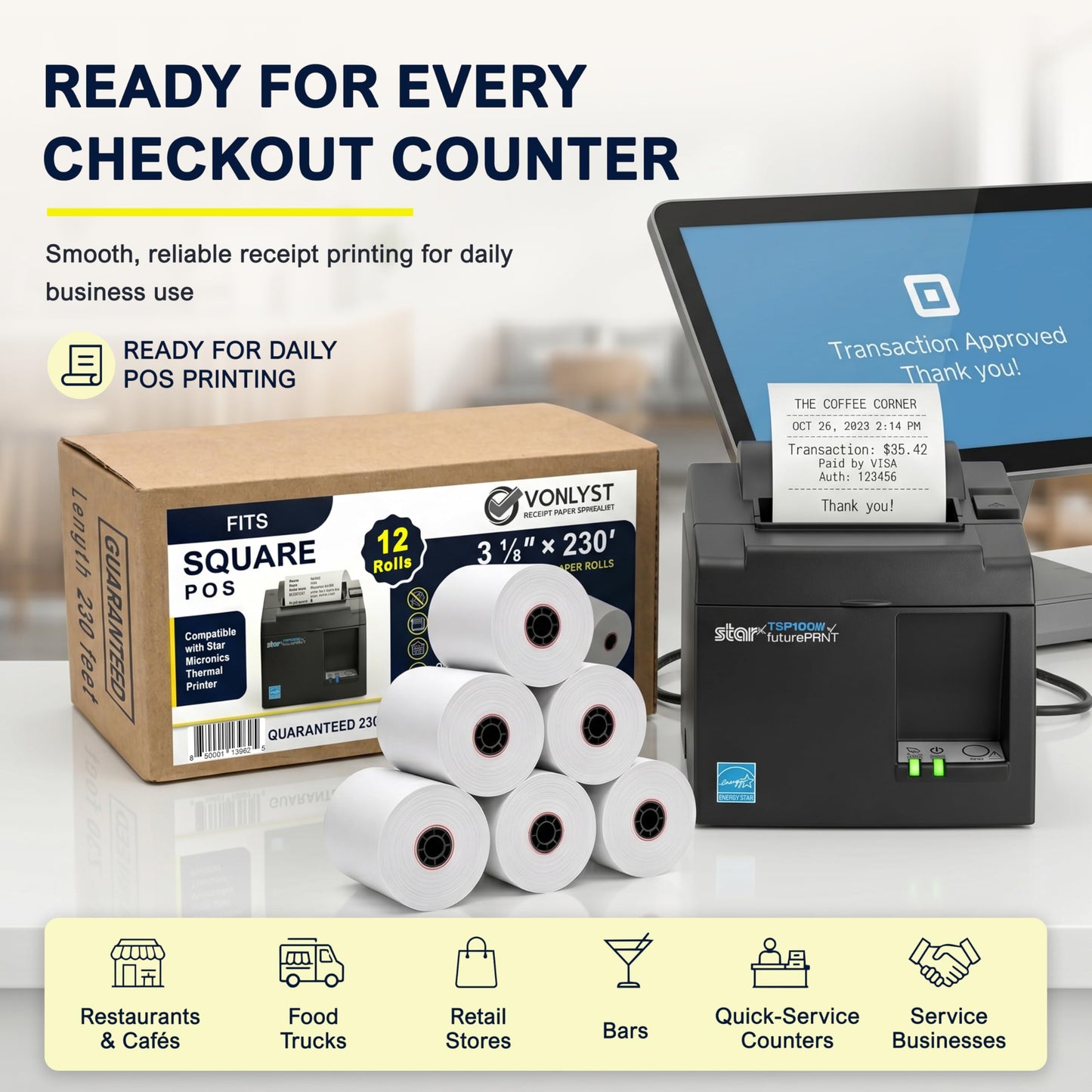 Vonlyst Receipt Paper Roll 3 1/8 x 230 for Square Register and Square POS System connected to Star Micronics Thermal Printer (Pack 12 rolls)
