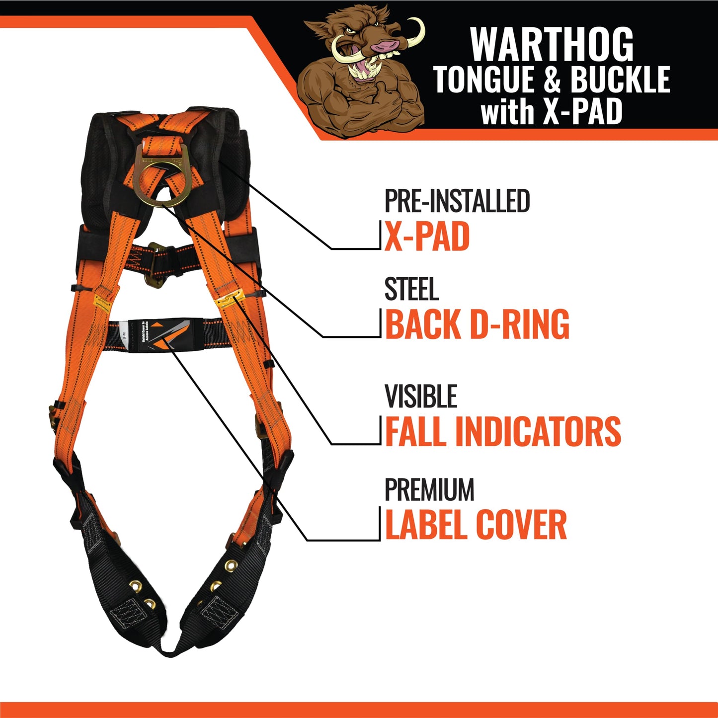 Malta Dynamics Warthog Safety Harness Fall Protection with Tongue Buckle Legs & X-Pad, Full Body Harness for Safety and Protection, Construction and Roofing Harness - OSHA/ANSI Compliant (S-M)