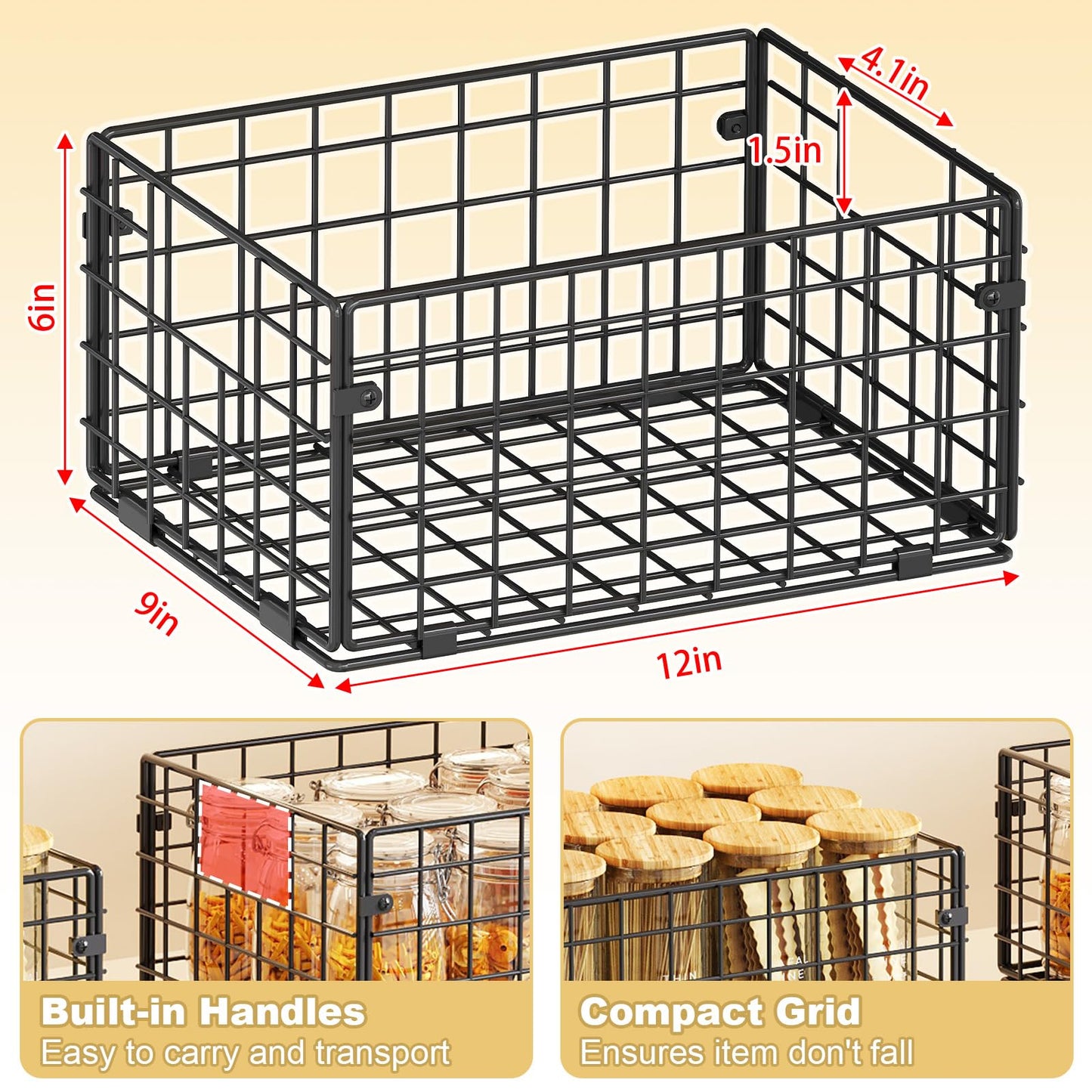X-cosrack Metal Wire Basket Pantry Baskets Foldable Cabinet Organizers with Handles-6 Pack-12"x9"x6", Food Storage Freezer Organizer Bins for Kitchen Bathroom Laundry Closet Garage - Patent Design