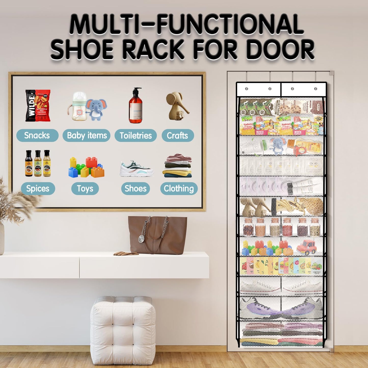 Kotkn Over The Door Shoe Organizer with 12 Large Breathable Pockets - Durable Hanging Storage for the Entire Family's Shoes (White)
