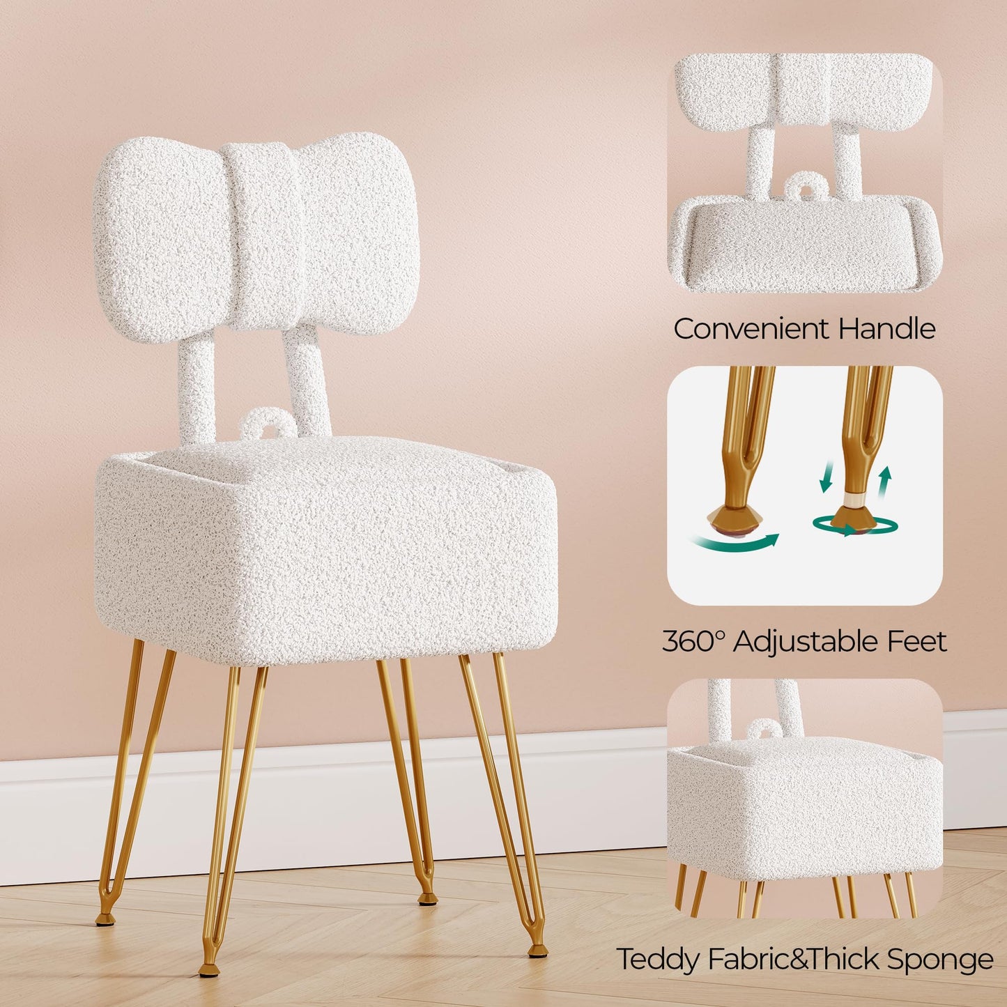 GLANZALANT Small Vanity Chair with Storage and Folding Back, 14.2" D x 12.6" W x 28.3" H Soft Storage Ottoman, Footrest Stool, Teddy Fleece Vanity Stool for Makeup, Bedroom, Living Room, White