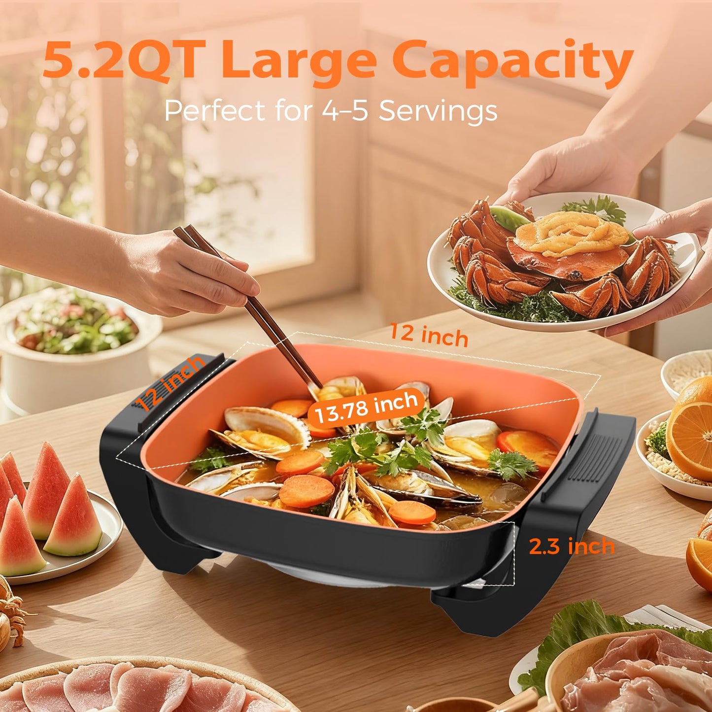 OSTBA 12"x12" Electric Skillet with Glass Lid, 5.2QT Large Nonstick Frying Pan for Family Meals, 1500W Fast Heating, 5-Level Adjustable Temperature Control, PFOA Free, Easy to Clean