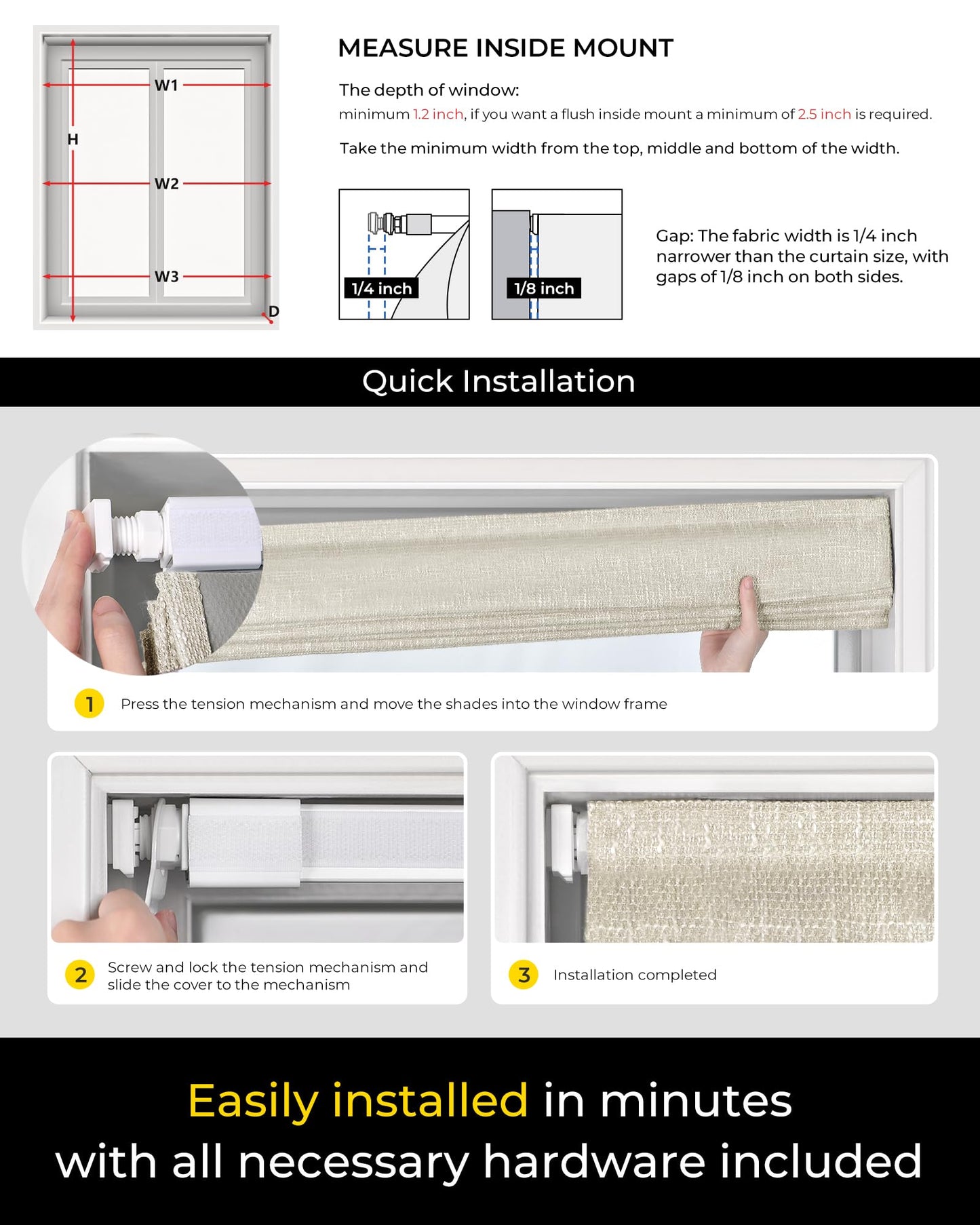 No Tools No Drill Cordless Roman Shades for Indoor Windows 100% Blackout, for Window Size 34" W × 64" H Beige