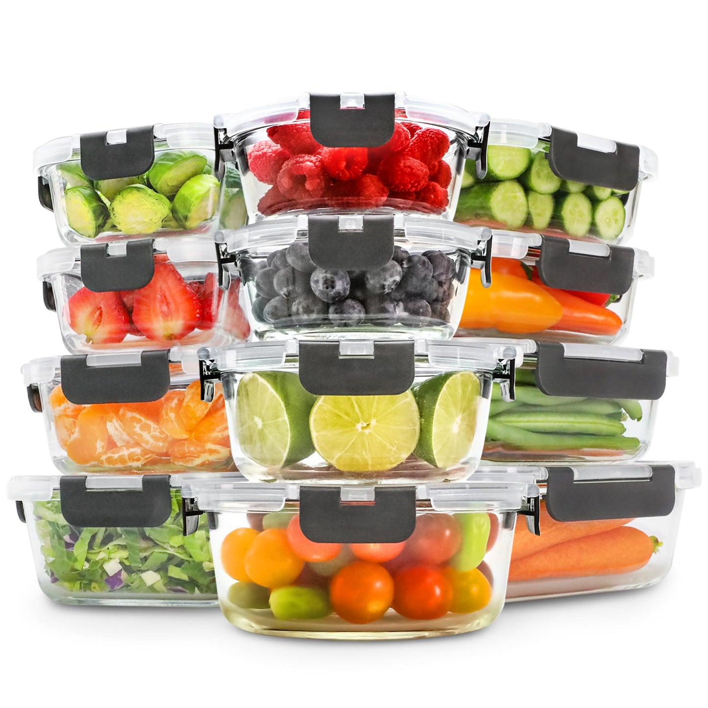 Freshware Glass Storage Containers with Lids, 24 Pieces, 12 Containers with 12 Lids, Glass Meal Prep Container for Lunch, Food Storage Containers, Leak Proof, Freezer Safe, Gray