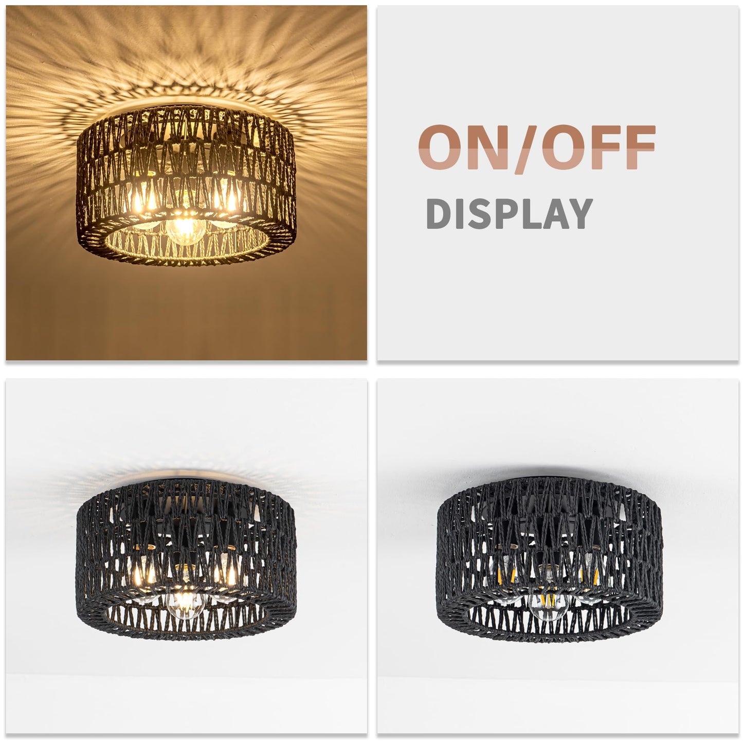 Rattan Ceiling Light Fixture, 3-Light Bohemian Modern Woven Ceiling Light, Black Boho Flush Mount Ceiling Light for Bedroom Living Room Dining Room, Bulb Not Included