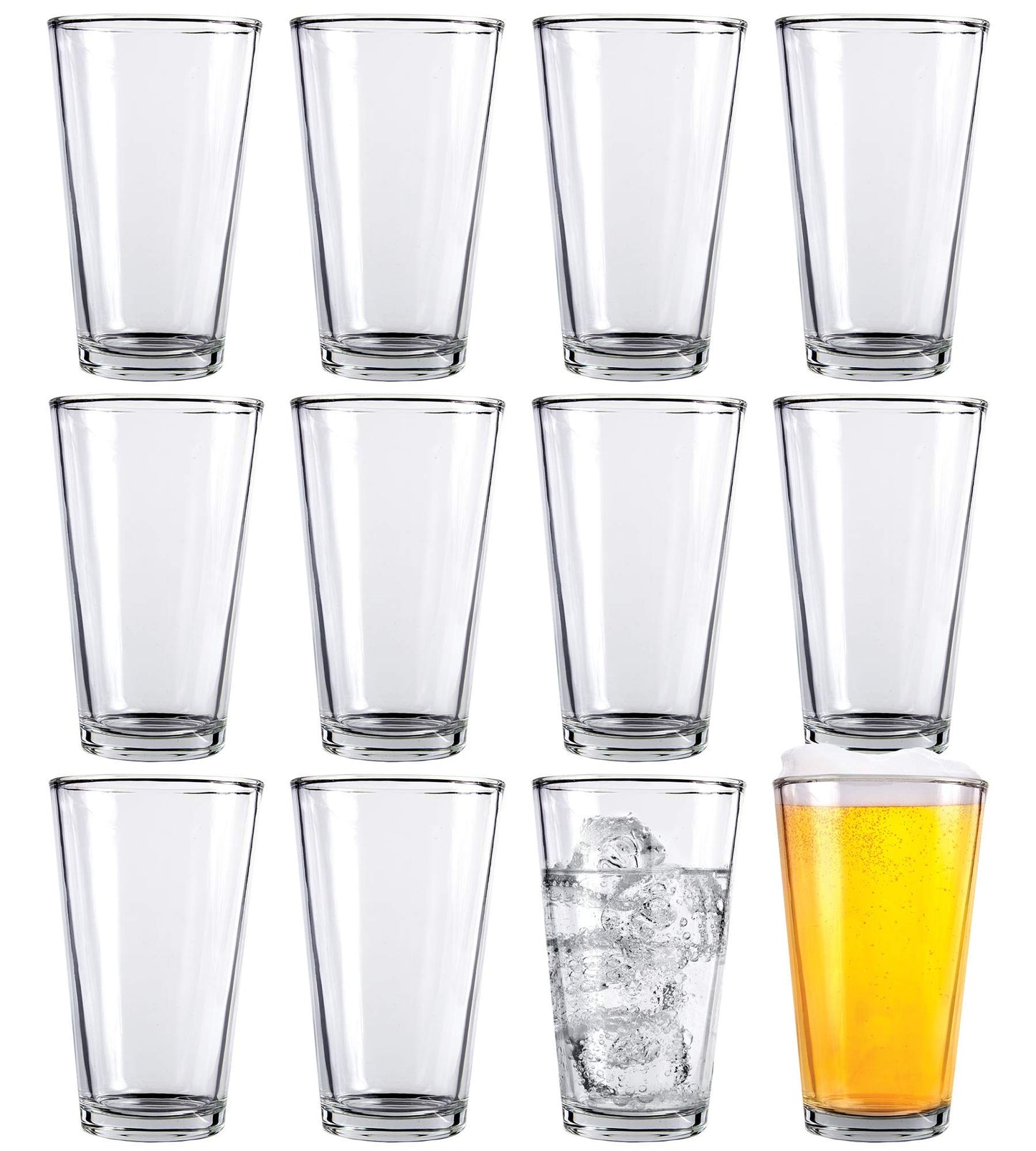 Kitchen Lux Pint Beer Glasses Set of 12 – 16 oz Tall Clear Drinking Glasses and All Purpose Tumblers – Heavy Base Cocktail, Water, Juice Glass – Pub Style Design For Home Dining, Bars, and Parties