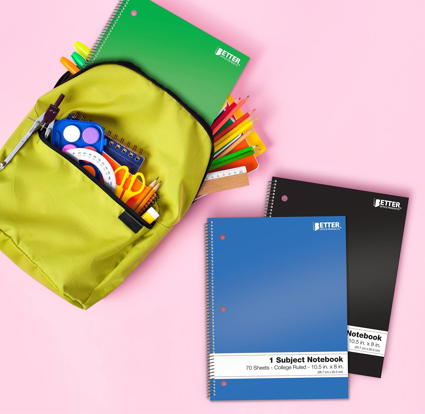 Better Office Products Spiral Notebooks 1-Subject, 24 Pack, College Rule, 70 Sheet, 8 x 10.5 inches, 6 Assorted Primary Colors, 24 Pack