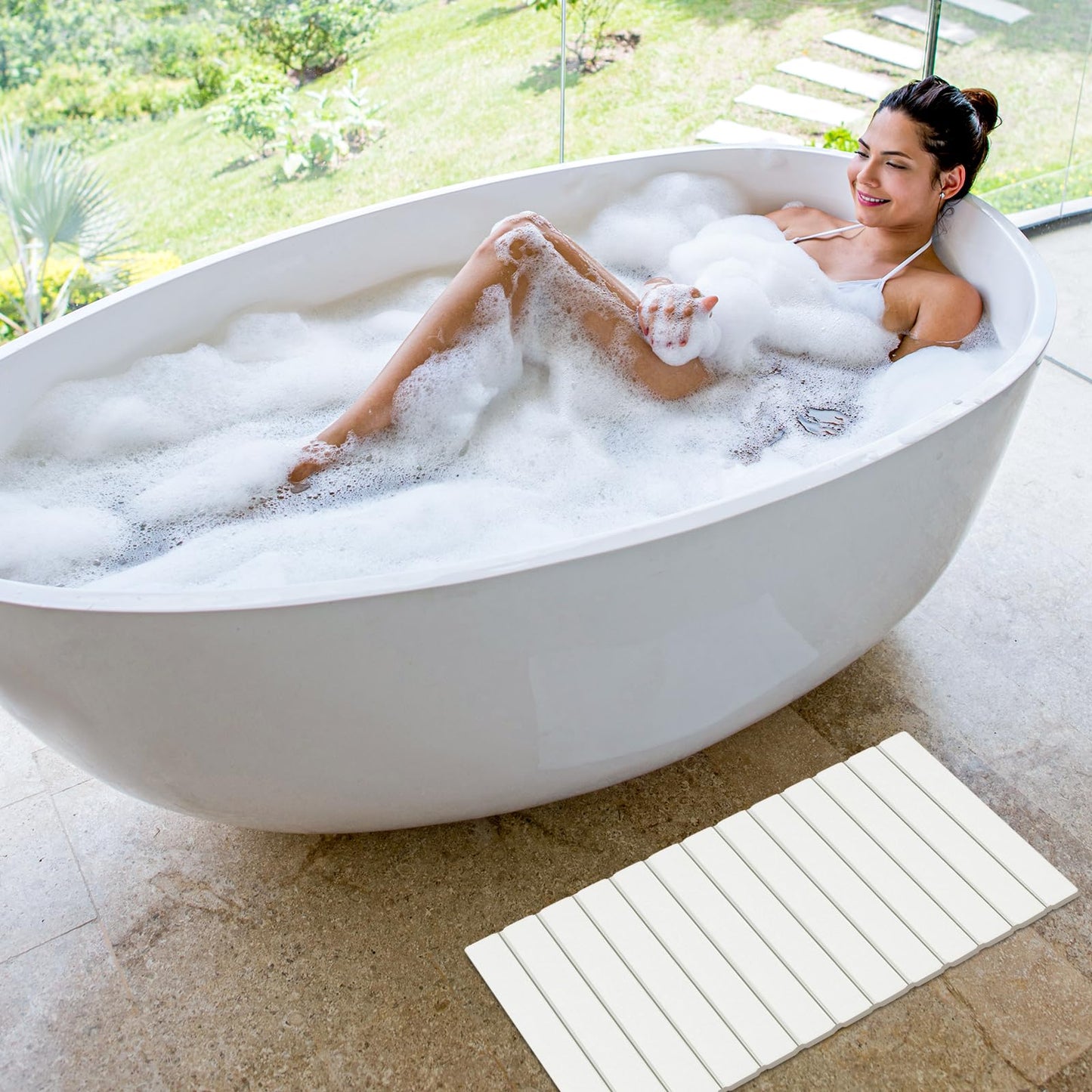 Setguopal 2 Pack Foldable Stone Bath Mats, White Super Absorbent Diatomaceous Earth Bath Rug, Non-Slip Shower Mat, Quick-Drying Bath Rug and Drying Mat for Tub and Shower
