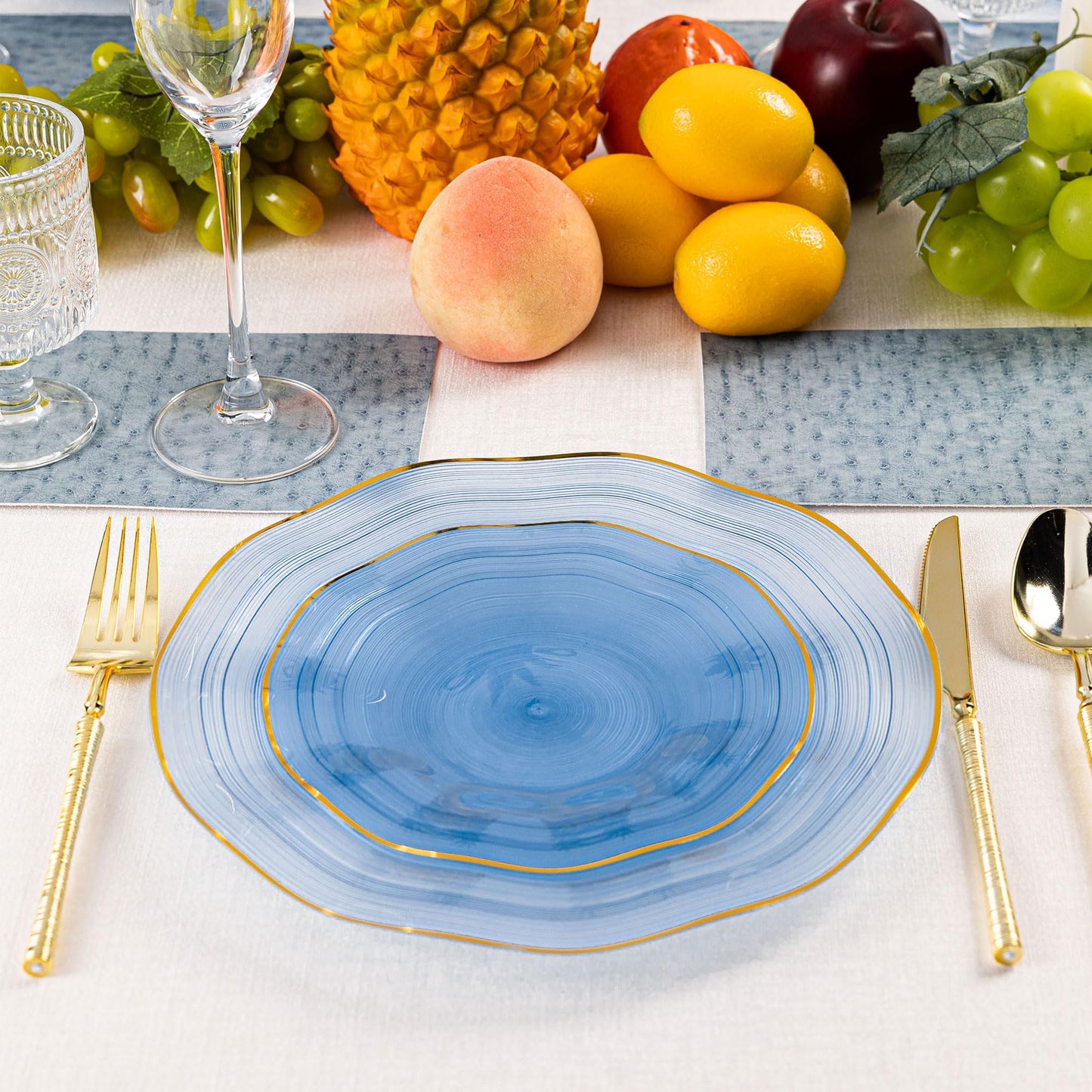 Pryntono 120PCS Blue Plastic Plates with Gold Rim, Heavy Duty Disposable Plates, Elegant and Fancy 60 Dinner and 60 Dessert Plates for Party and Wedding