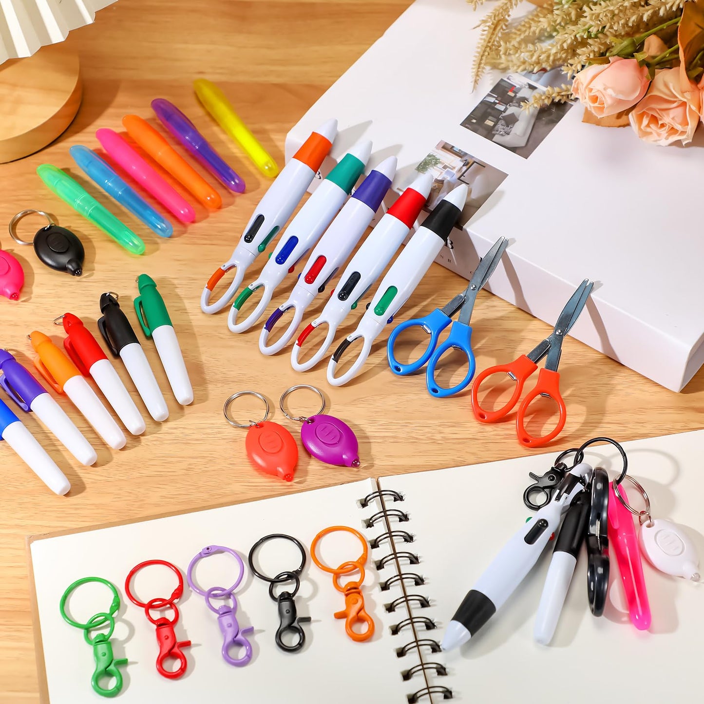 Glenmal 72 Pcs Badge Reel Mini Highlighter Nurse Pens Set with Mini Scissors Highlighter Retractable Neon Nurse Pen LED Keychain Clip Flashlight Key Ring for Nurse Accessories(Multicolor,Simple)