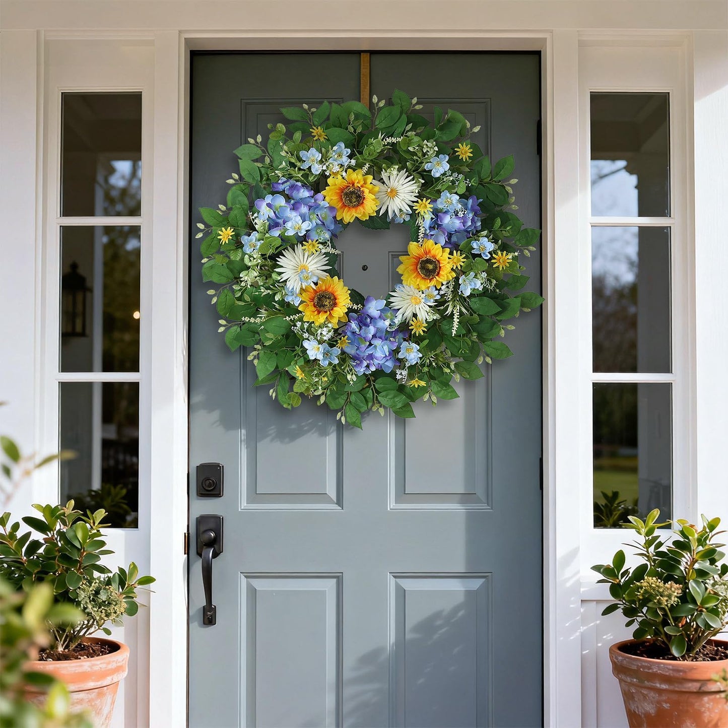 26" Large Artificial Flower Wreath for Front Door Outside – Spring Summer Wreath with Lifelike Sunflowers, Fake Blue Hydrangea Flowers for Indoor Outdoor Mantel,Window,Farmhouse,Home,Wall Decor