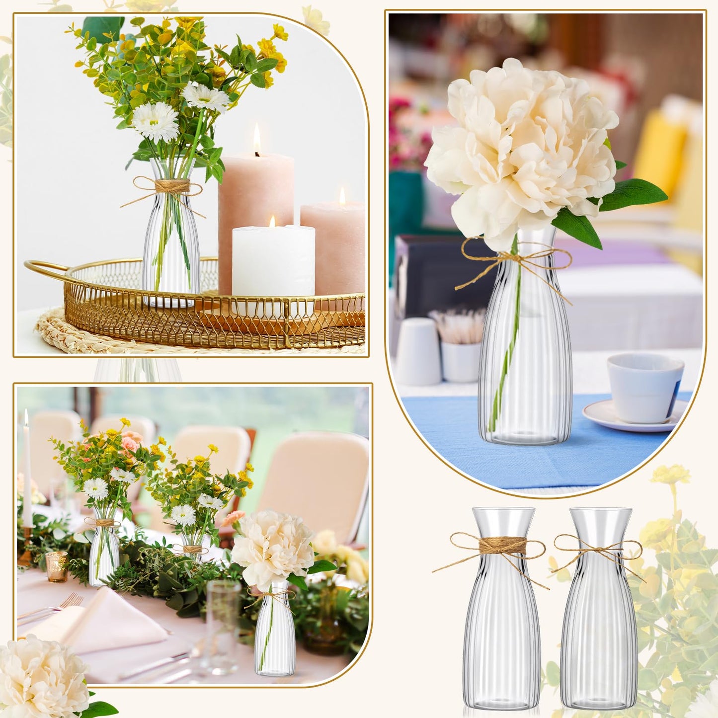 Ninehaoou 20 Pcs Plastic Flower Bud Vases Bulk with Twines Ropes Small Mini Flower Vases for Centerpieces Decorative Plastic Bottles for Wedding Reception Dining Table Home Decoration (Transparent)