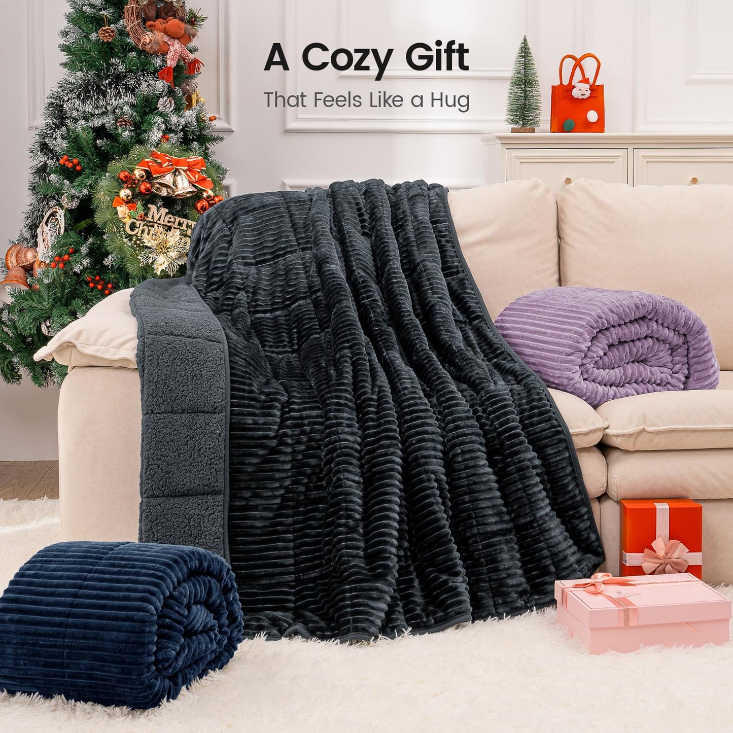 Sherpa Fleece Adult Weighted Blanket with Ribbed Stripes, 15 Pounds Dual Sided Soft Plush Blanket for Couch Bed Sofa, Heavy Thick Blankets with Glass Beads Great for Sleep, Dark Grey, 48" x 72"
