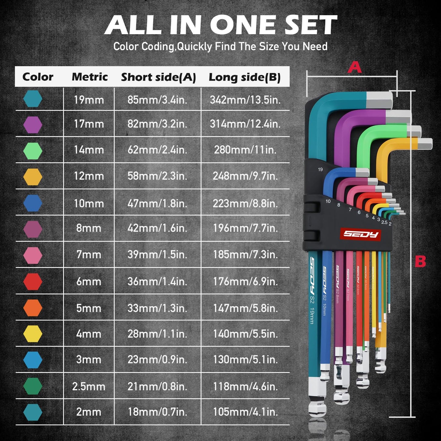 13-Piece Color Coding Jumbo Ball End Long Arm Hex-Key Large Allen Wrench Set, Metric (2-19MM) Anti-Slip Long Ball End Hex Wrench Set, Chrome Vanadium Steel, for Automotive, Bicycle Repairs and DIY